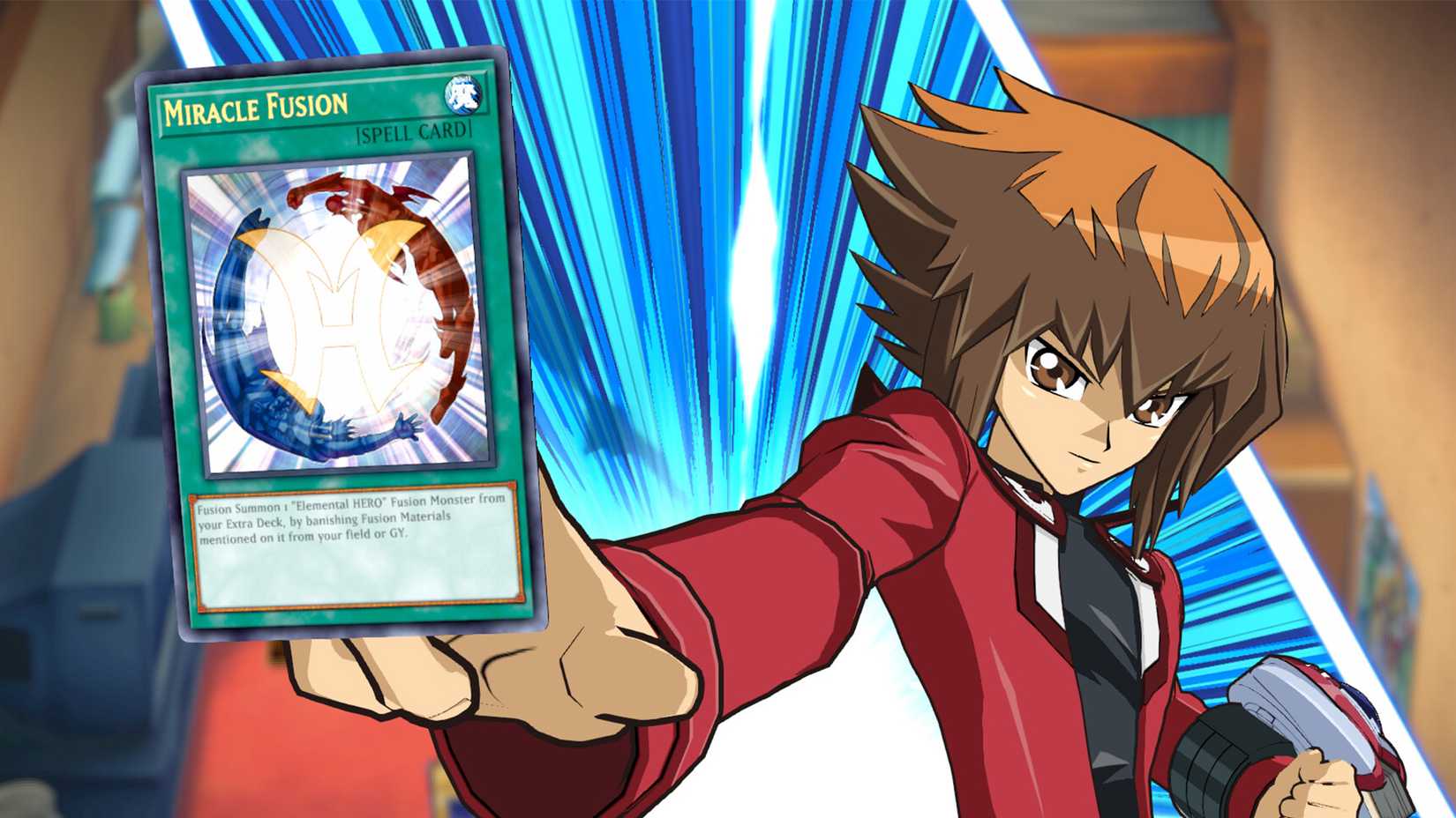 Yu-Gi-Oh! Tag Force character showing off a Miracle Fusion card.