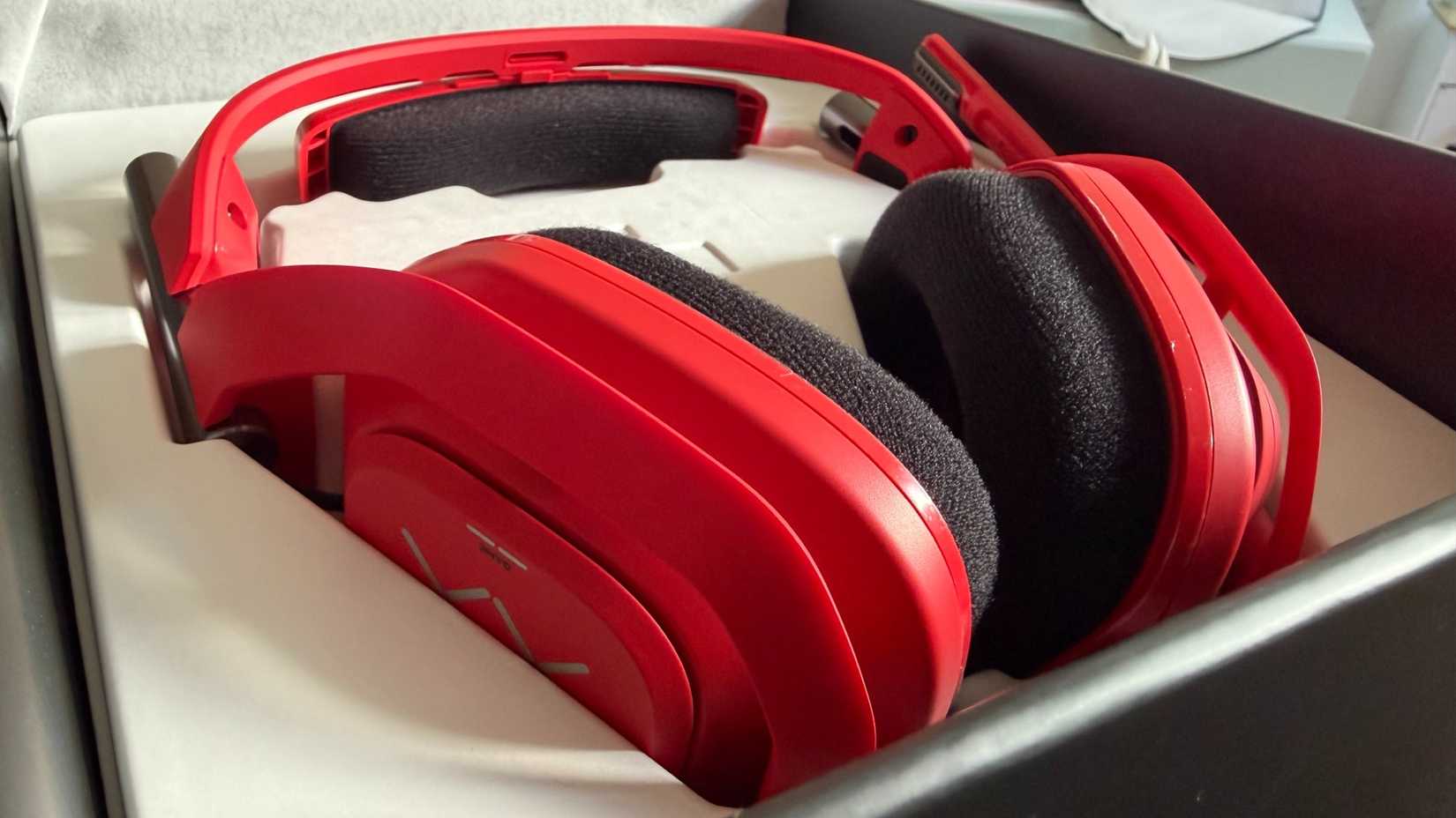 And image of the Mars Red Astro A50 X gaming headset in its box.
