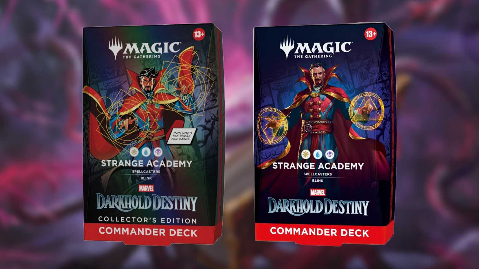 Both boxes for the Strange Academy MTG Commander precon.