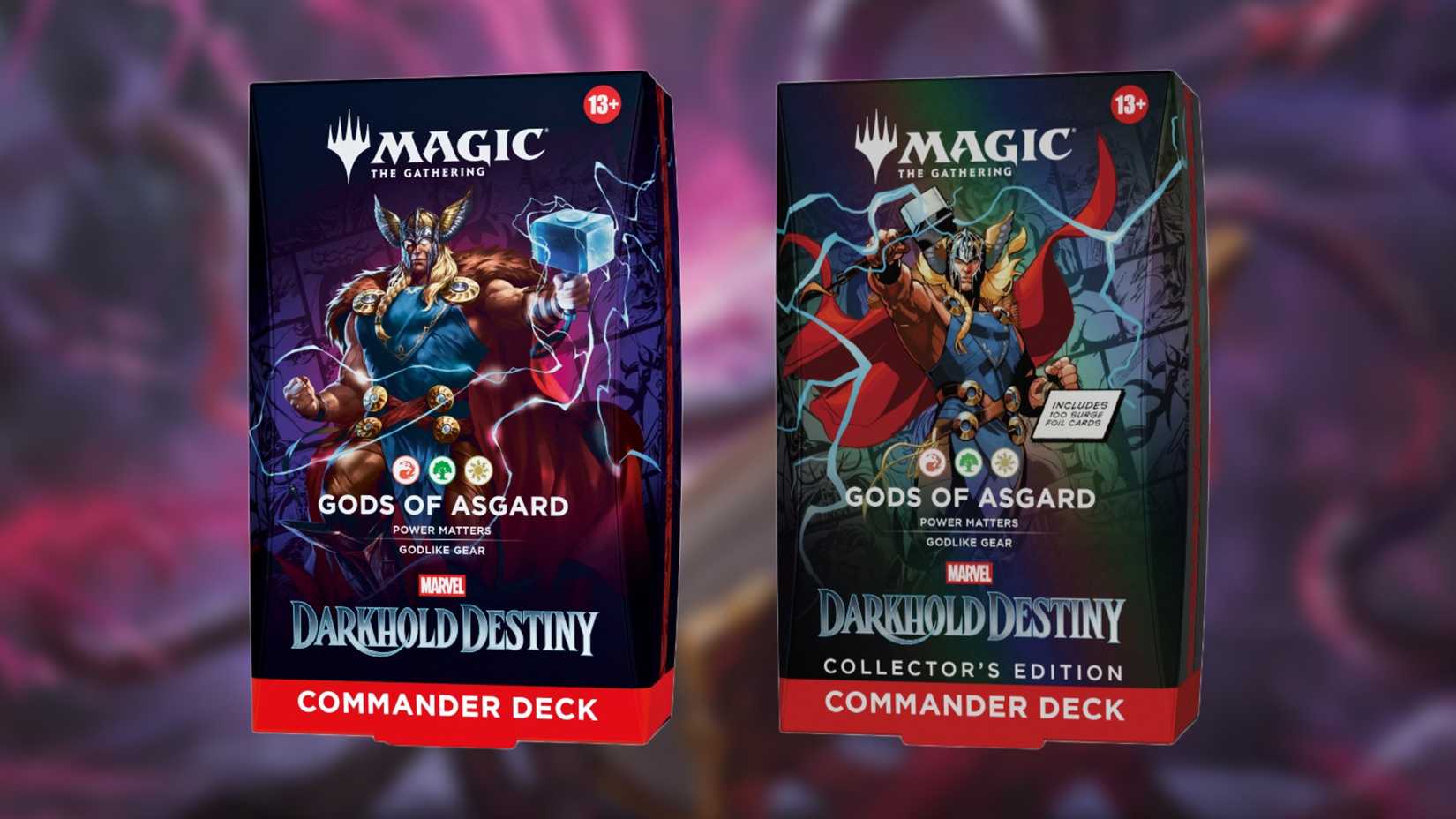 Both boxes of the Gods of Asgard MTG Commander precon.