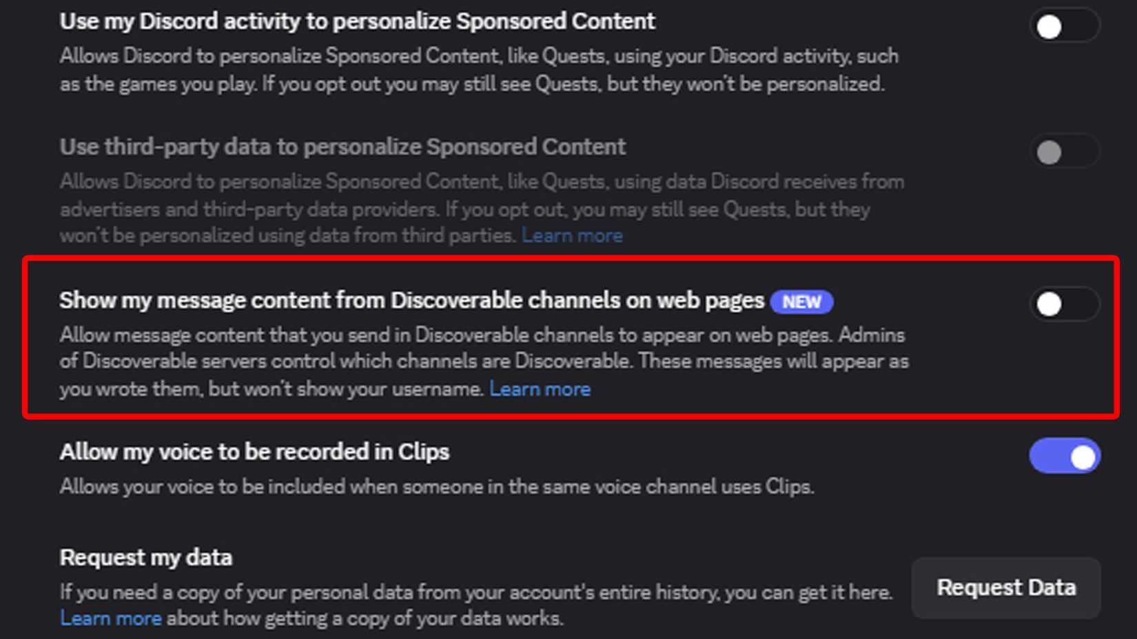 Discord setting to opt out of messages being shared online.
