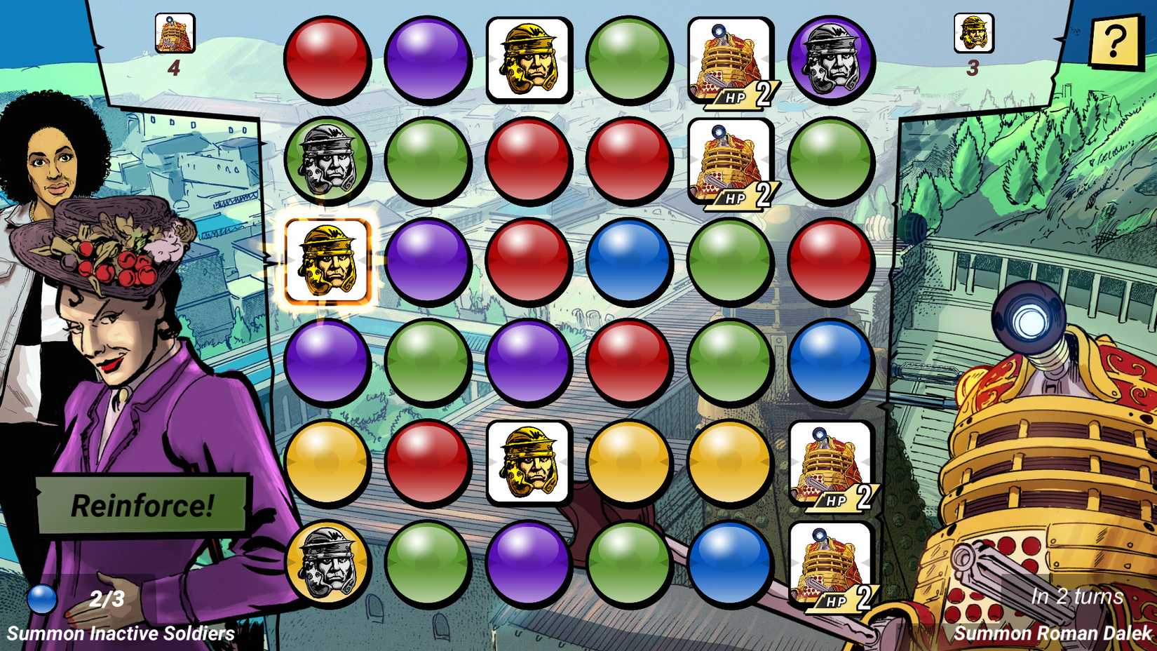 Doctor Who Infinity gameplay, showing the match-three puzzle with Missy, Bill, and a Dalek on the sides.