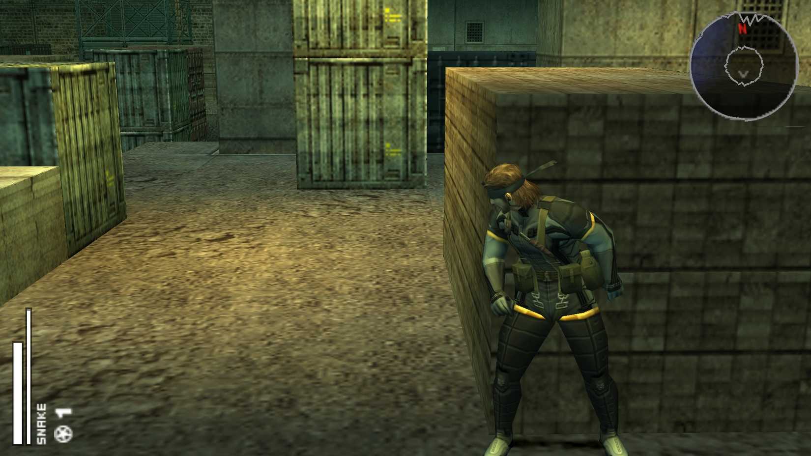 Metal Gear Solid Portable Ops snake looking from behind a box.