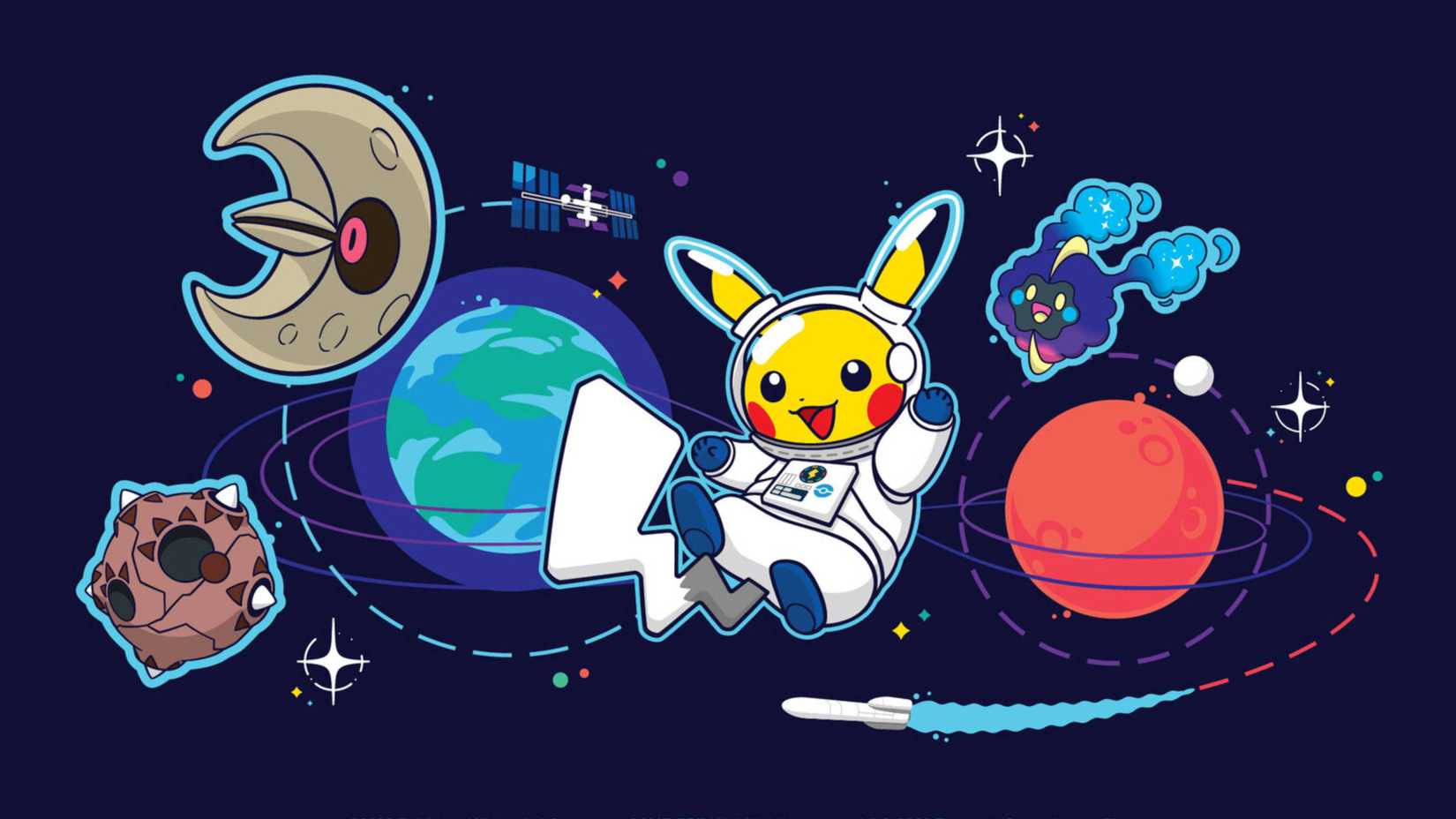 pikachu as an astronaut in space with minior lunatone and cosmog.