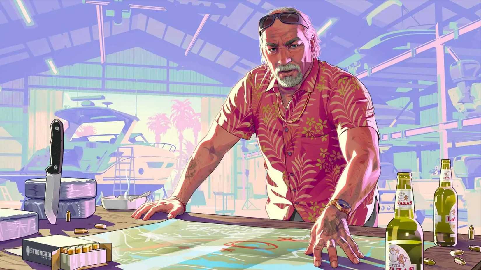 gta 6 character leaning on a map.