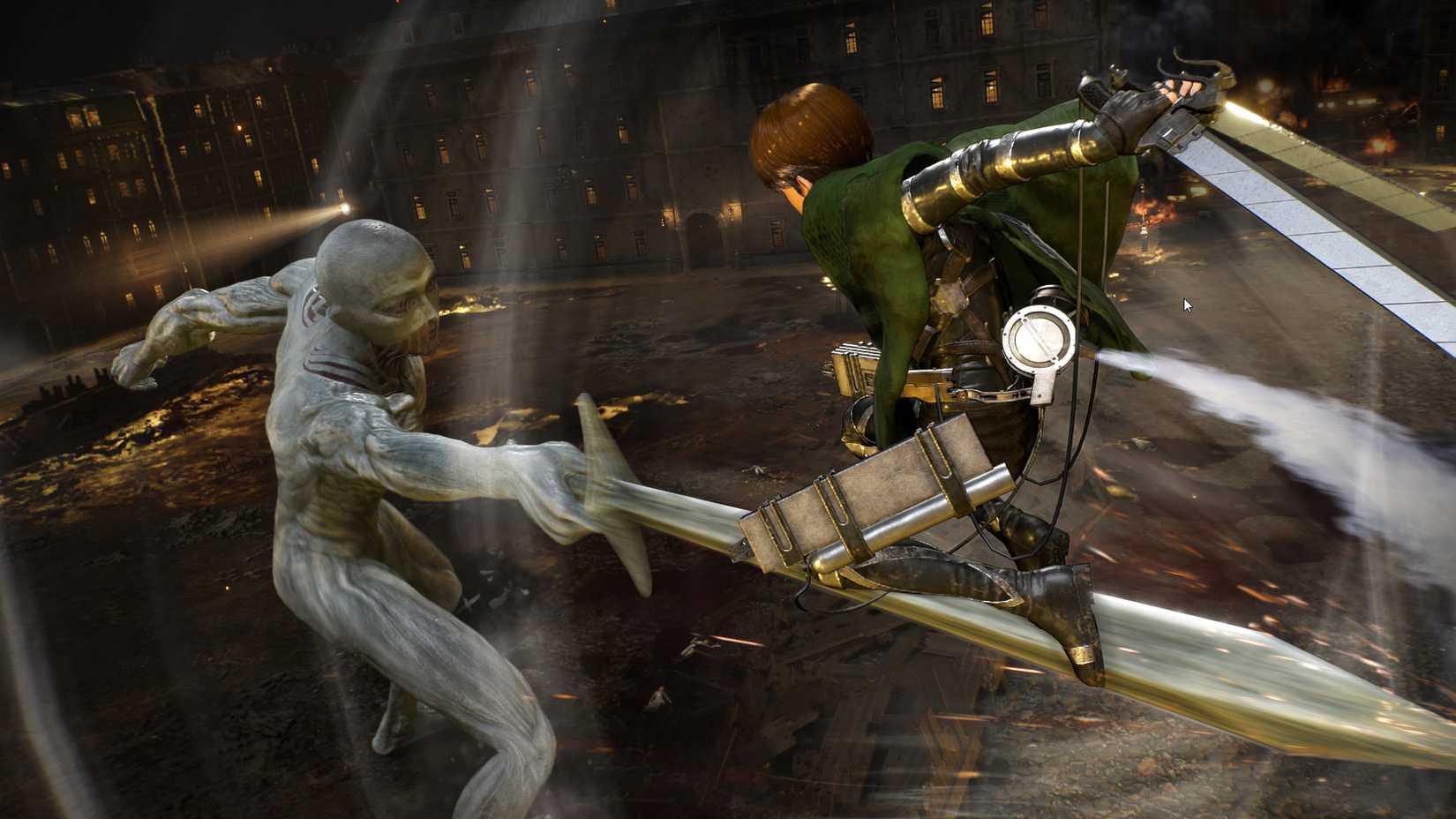 a character fighting the warhammer titan in aot 3.
