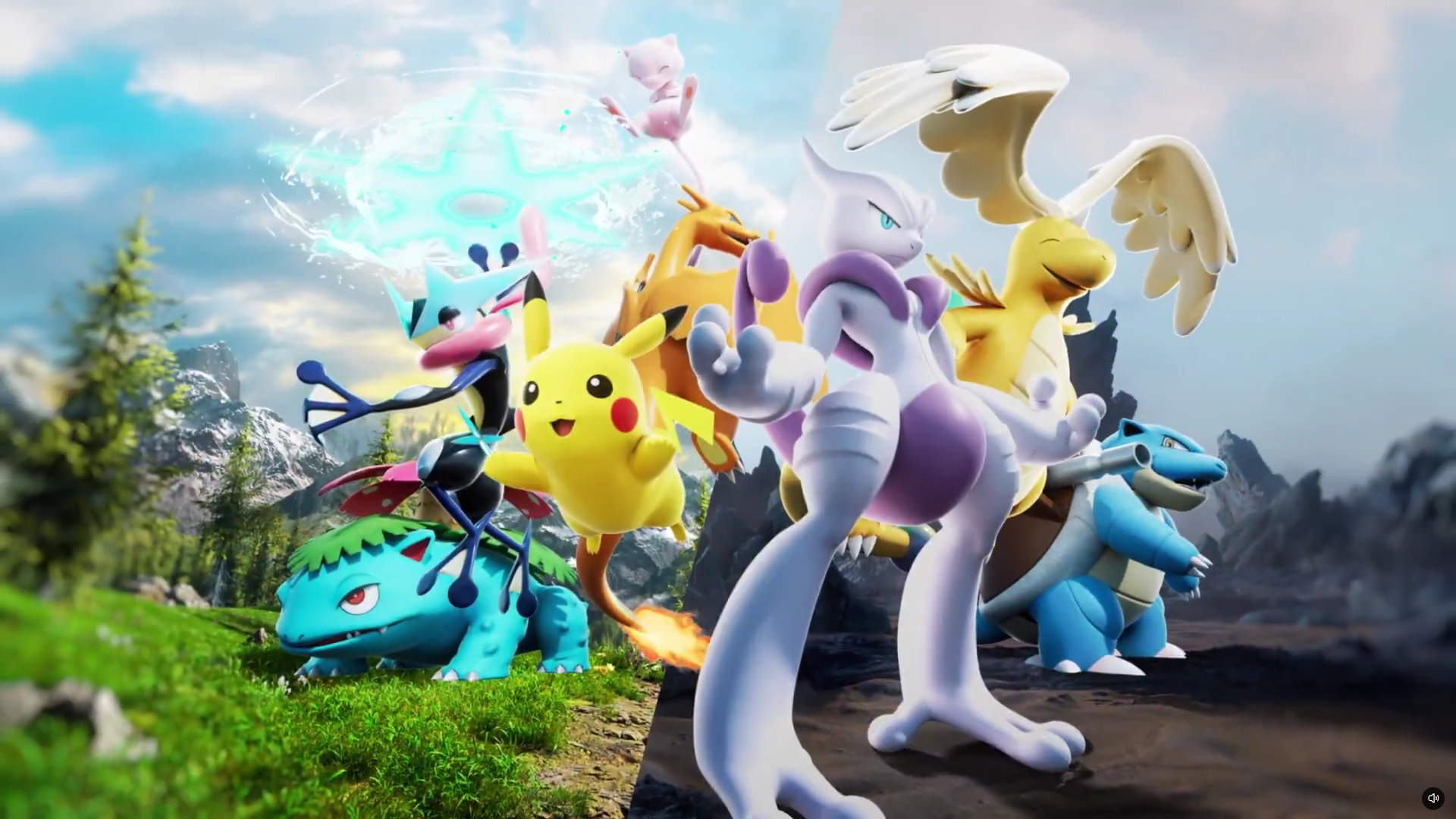 mega mewtwo pikachu and other pokemon standing together.