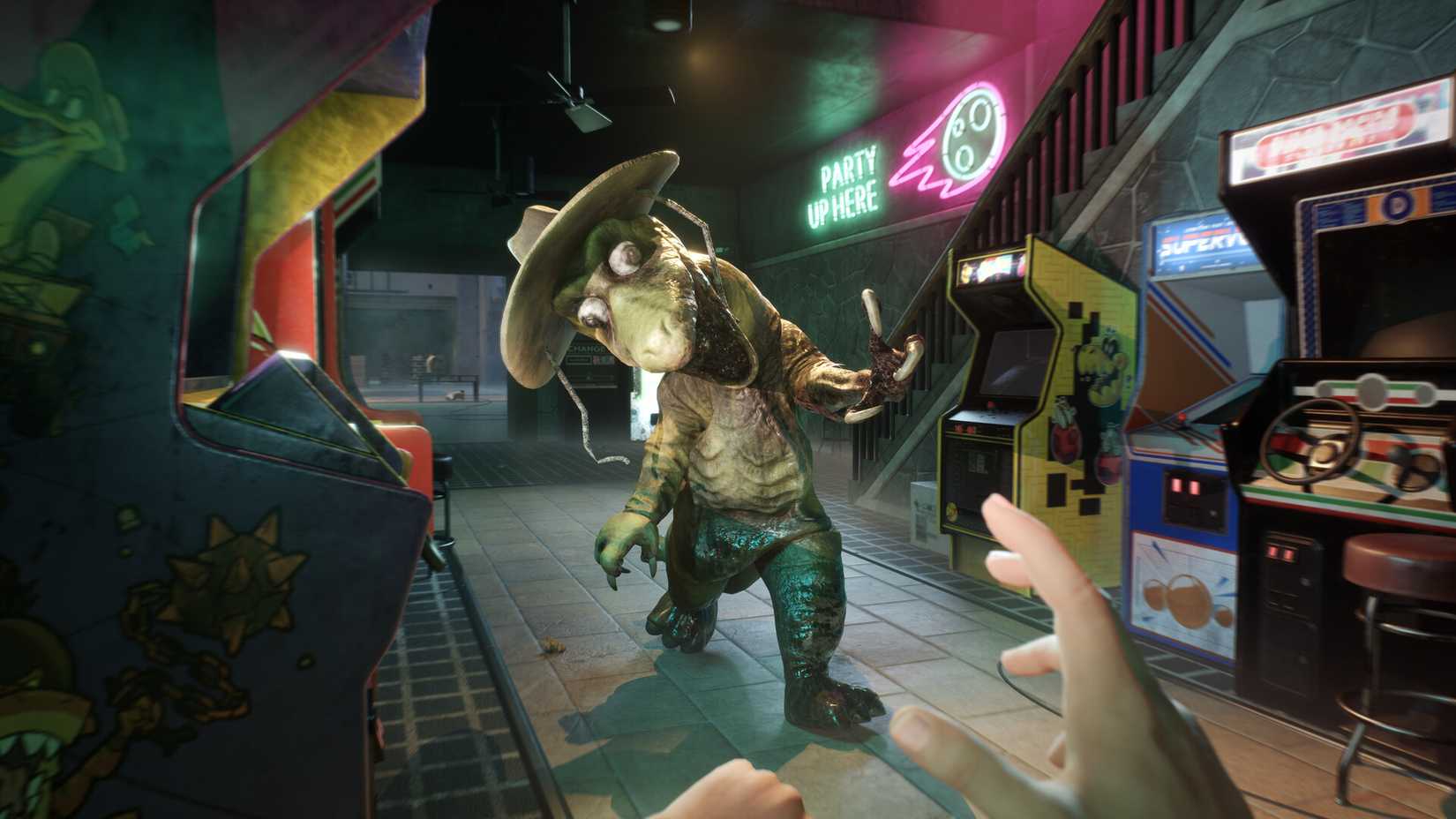 Mascot dinosaur walking towards player in Terrible Lizards.