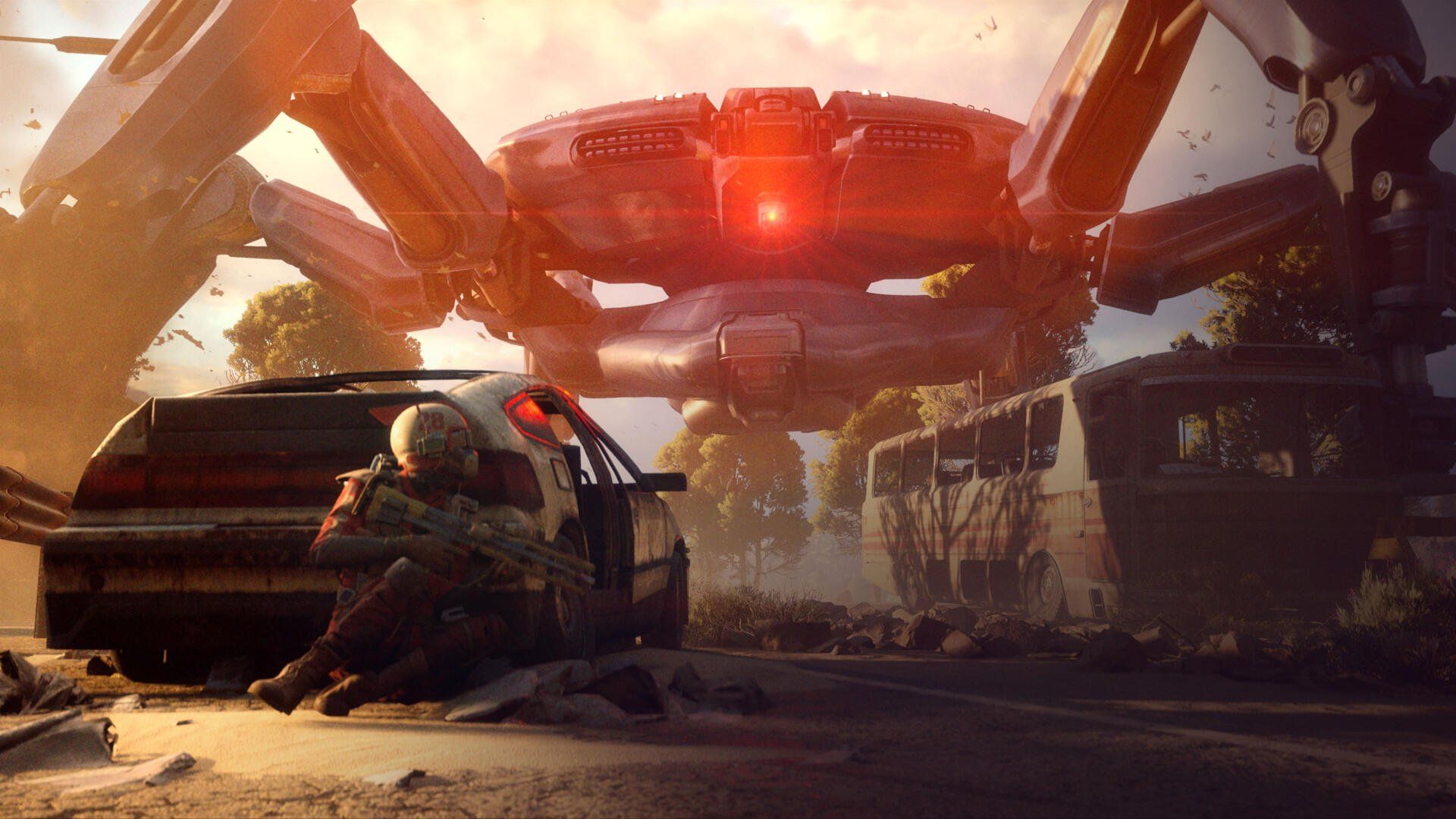 Arc Raiders queen looking down at a player hiding behind a car in Arc Raiders.
