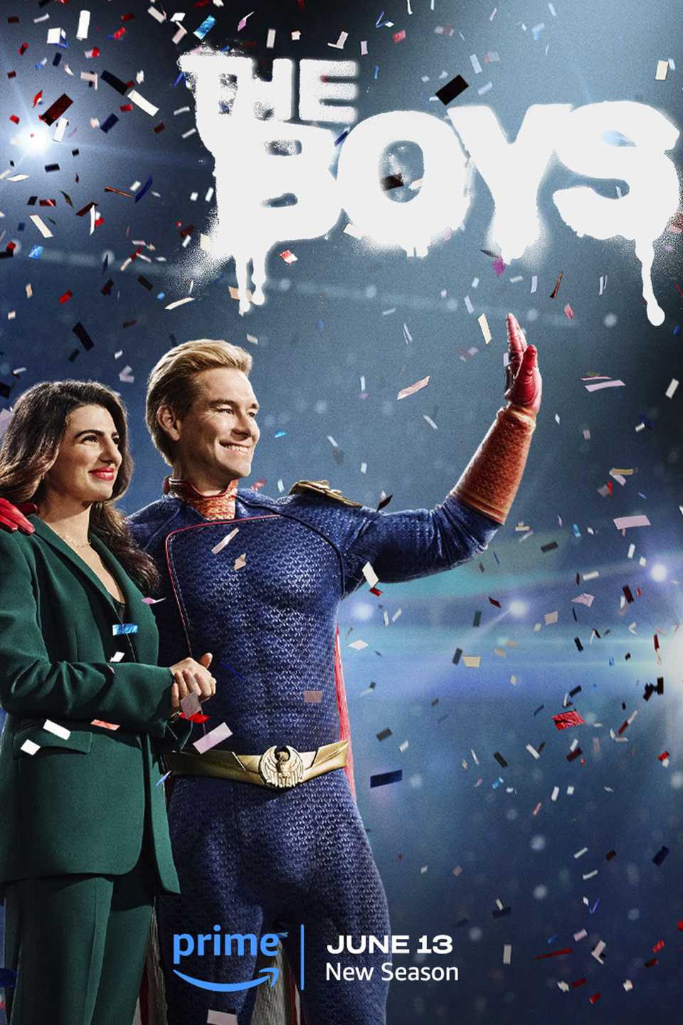 The Boys Season 4 poster featuring Homelander with Victoria Neuman surrounded by confetti