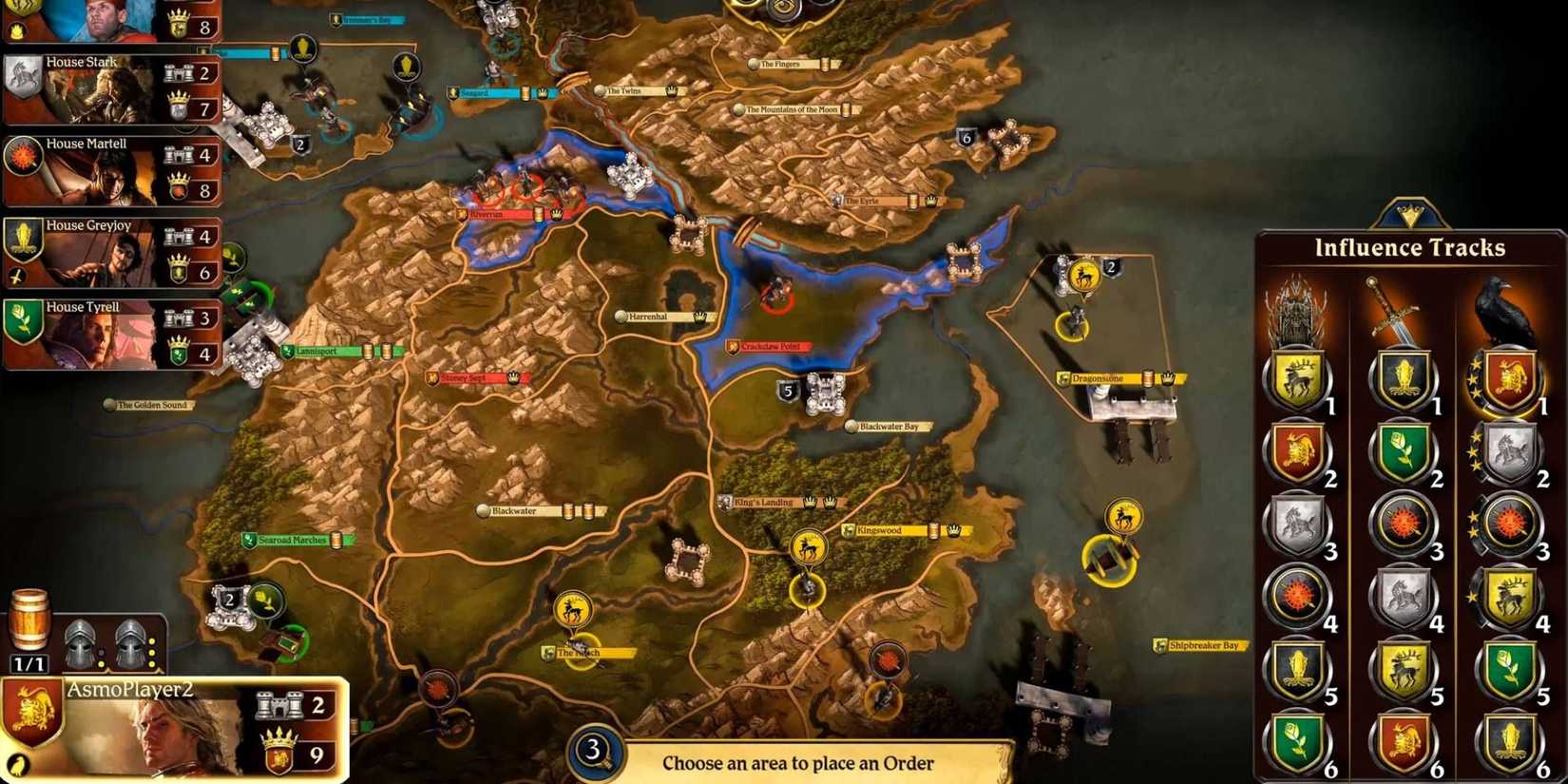 A Game of Thrones: The Board Game overview of a map.