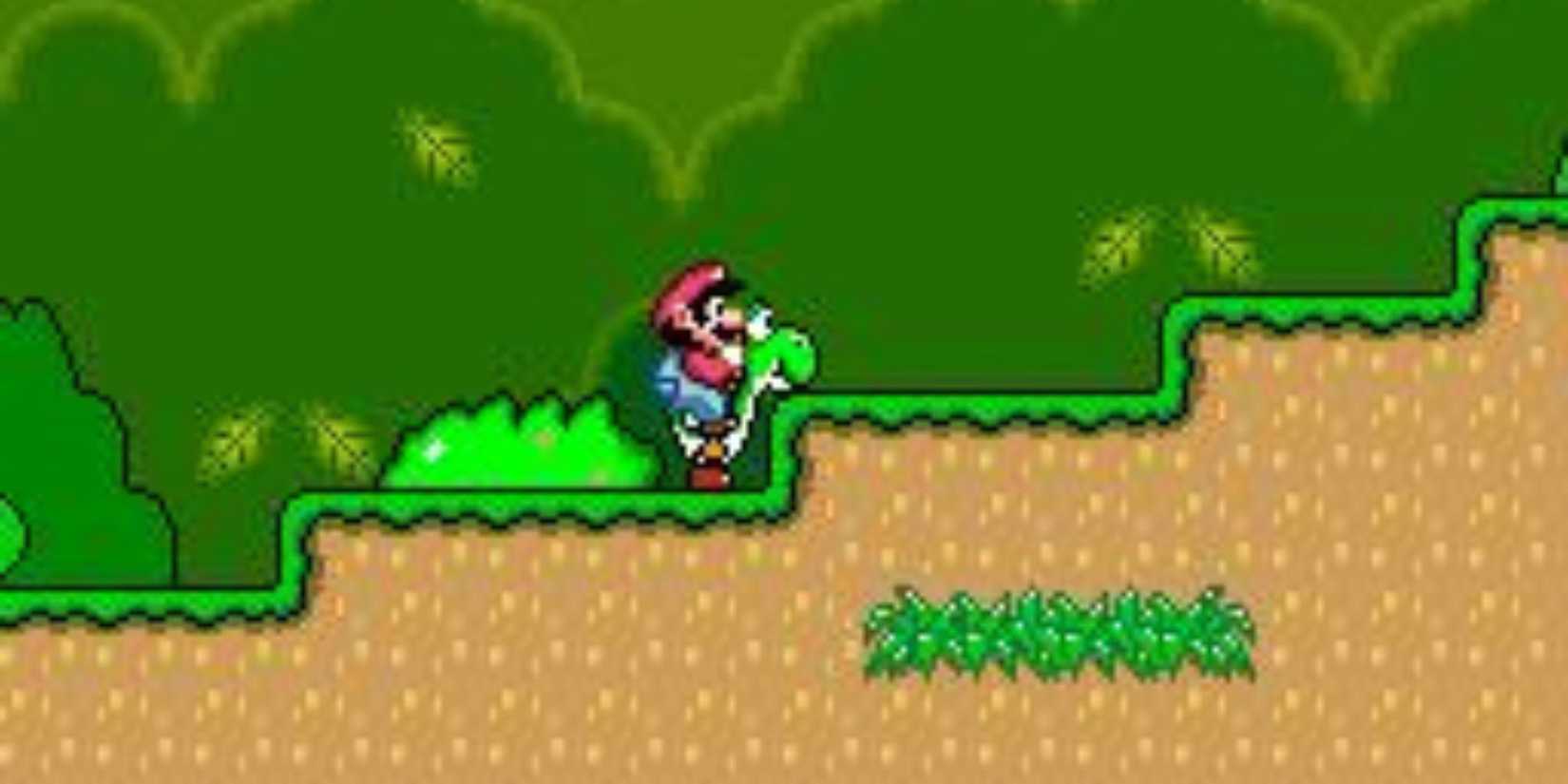 Mario rides Yoshi in a level from Super Mario World.