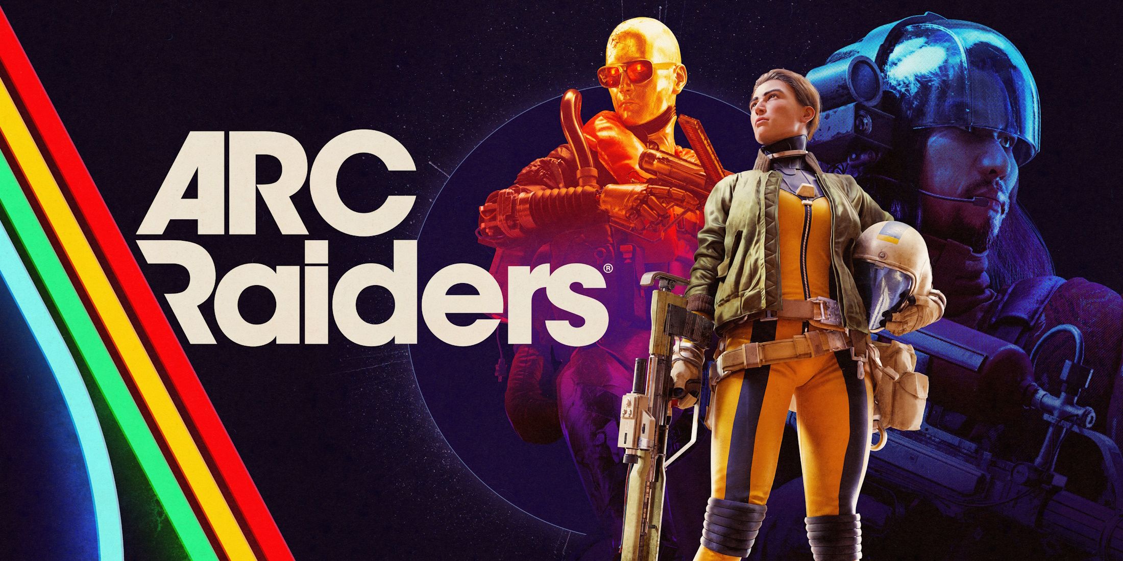 Arte principal de Arc Raiders, com foco no cenário futurista e nos personagens.