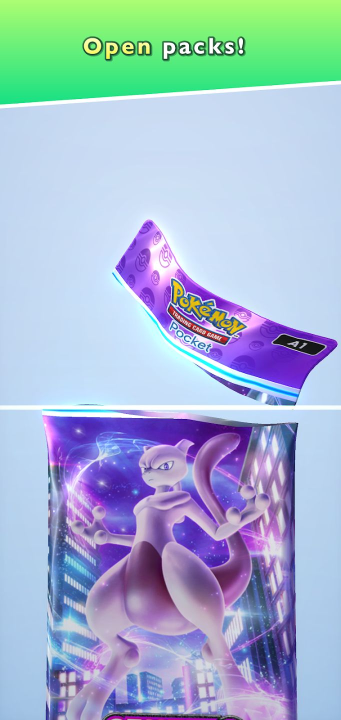 Detalhe dos pacotes de booster do Pokémon TCG Pocket.
