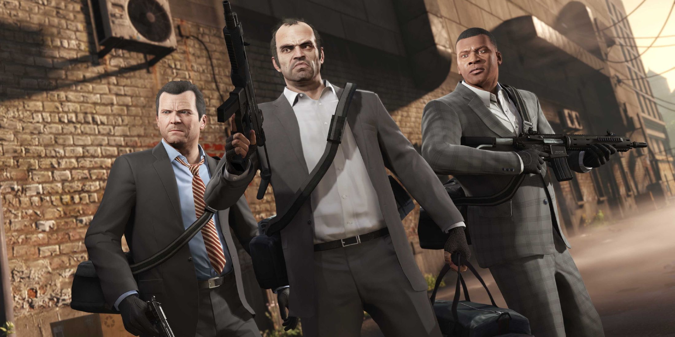 Personagens Michael, Trevor e Franklin em Grand Theft Auto 5.