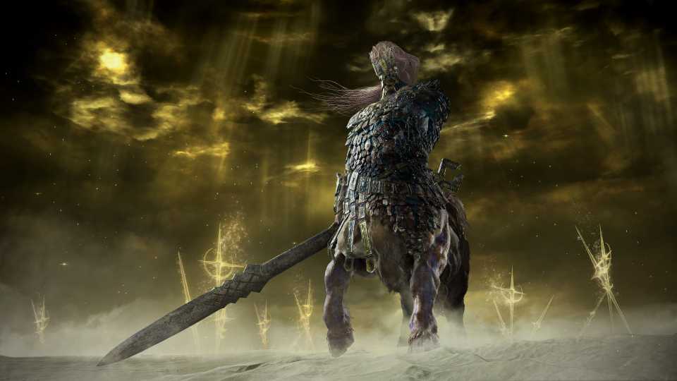 A tall centaur man with a sword standing in a golden field in elden ring nightreign.