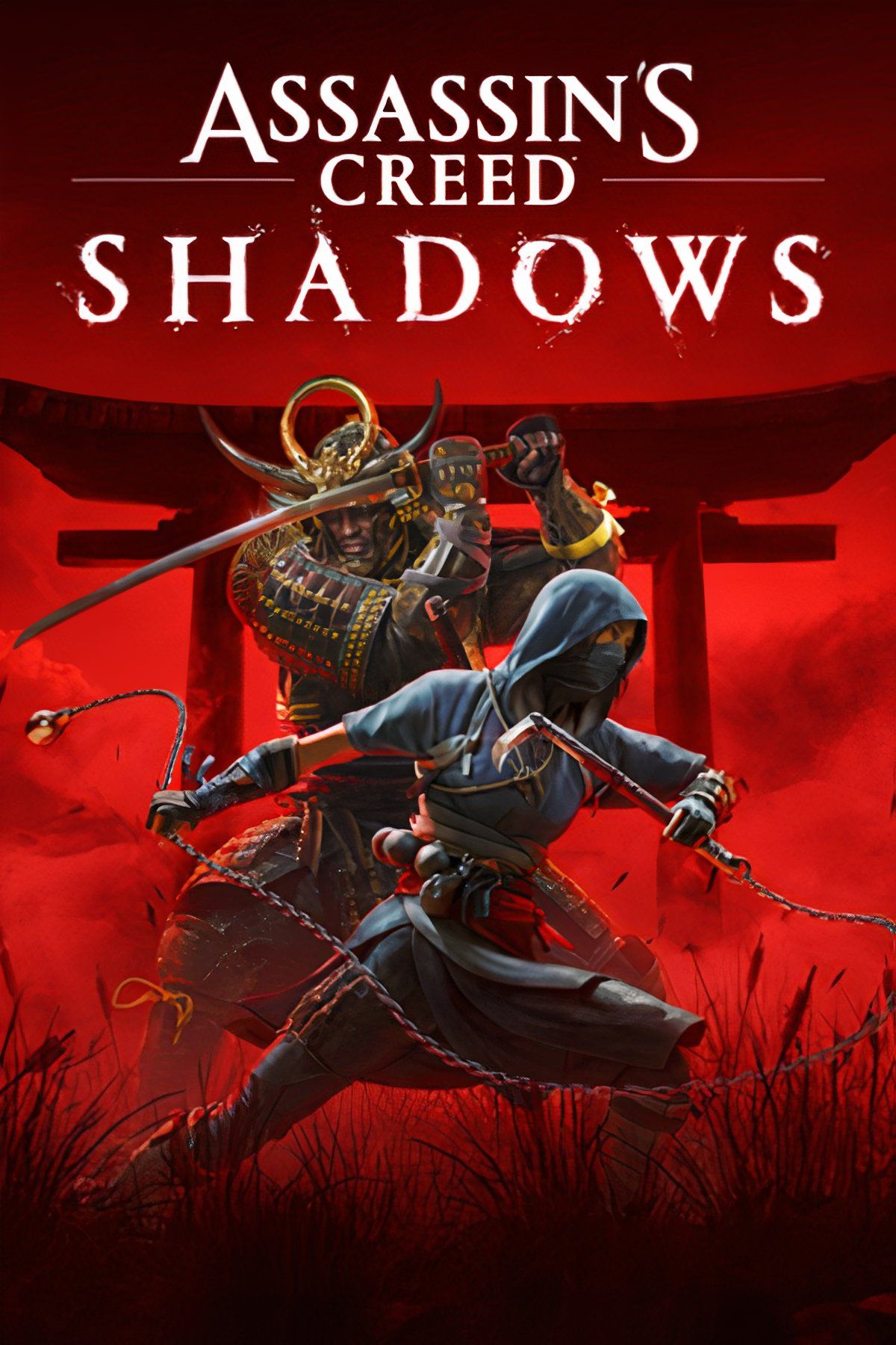 Capa de Assassin's Creed Shadows com personagens Naoe e Yasuke.