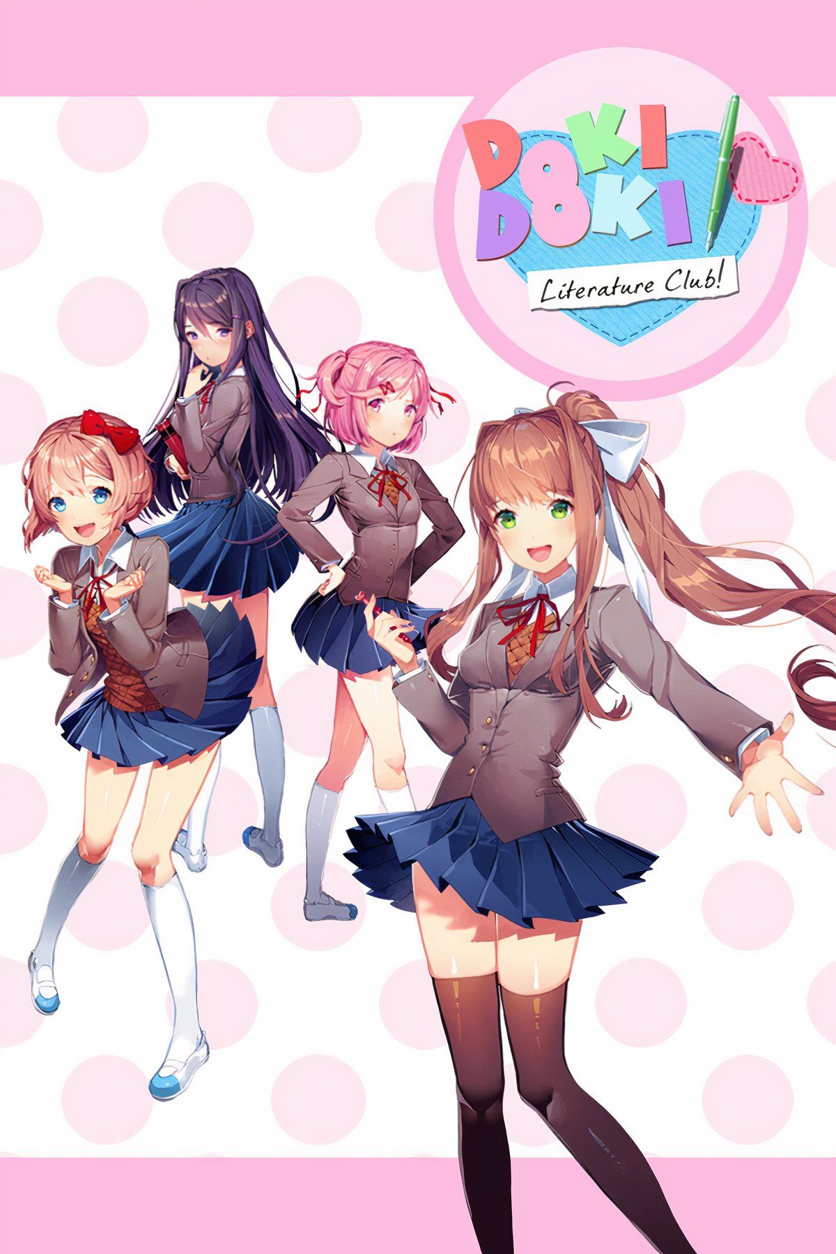Tela inicial de Doki Doki Literature Club com personagens em estilo anime.