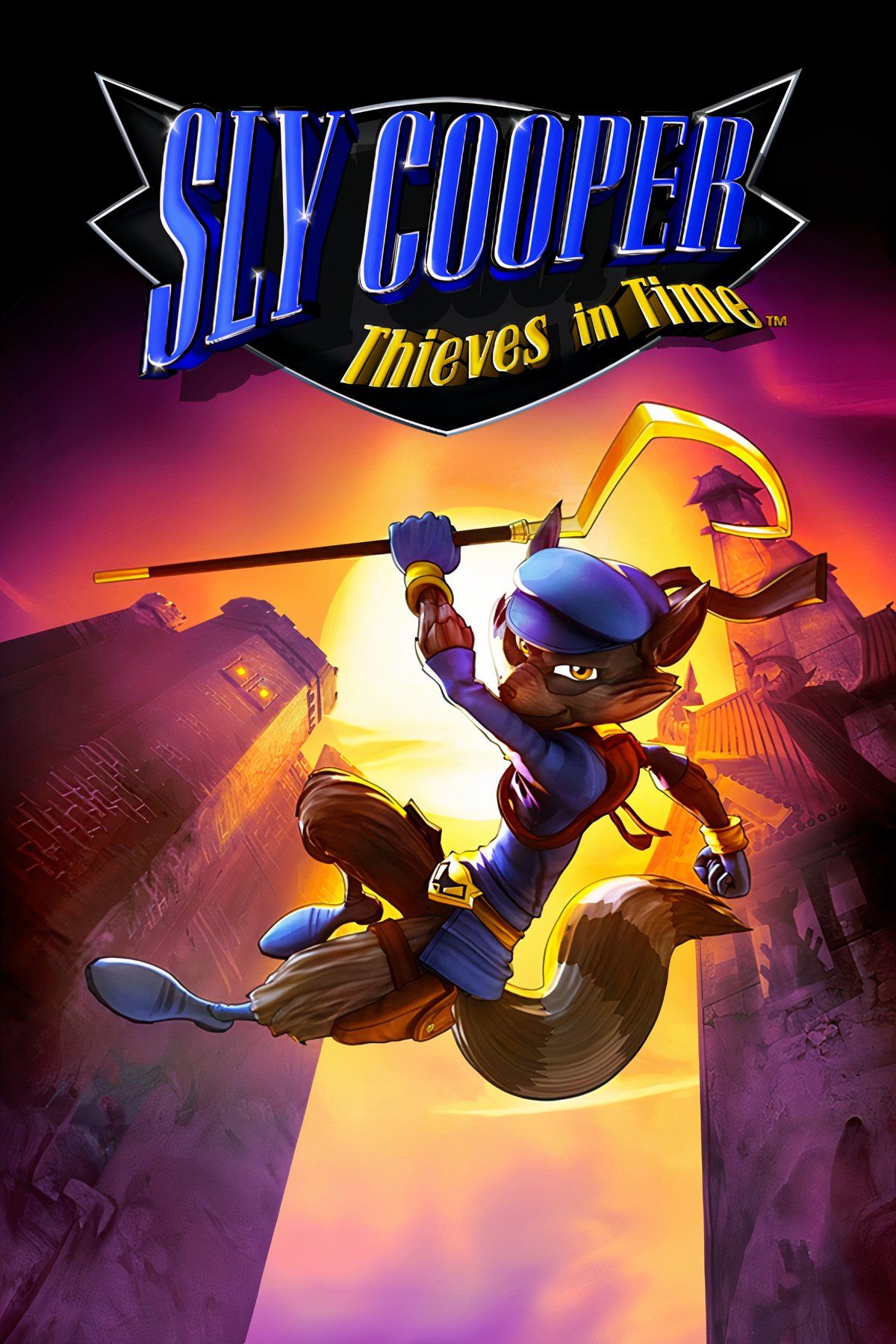 Sly Cooper em destaque com elementos visuais da franquia.