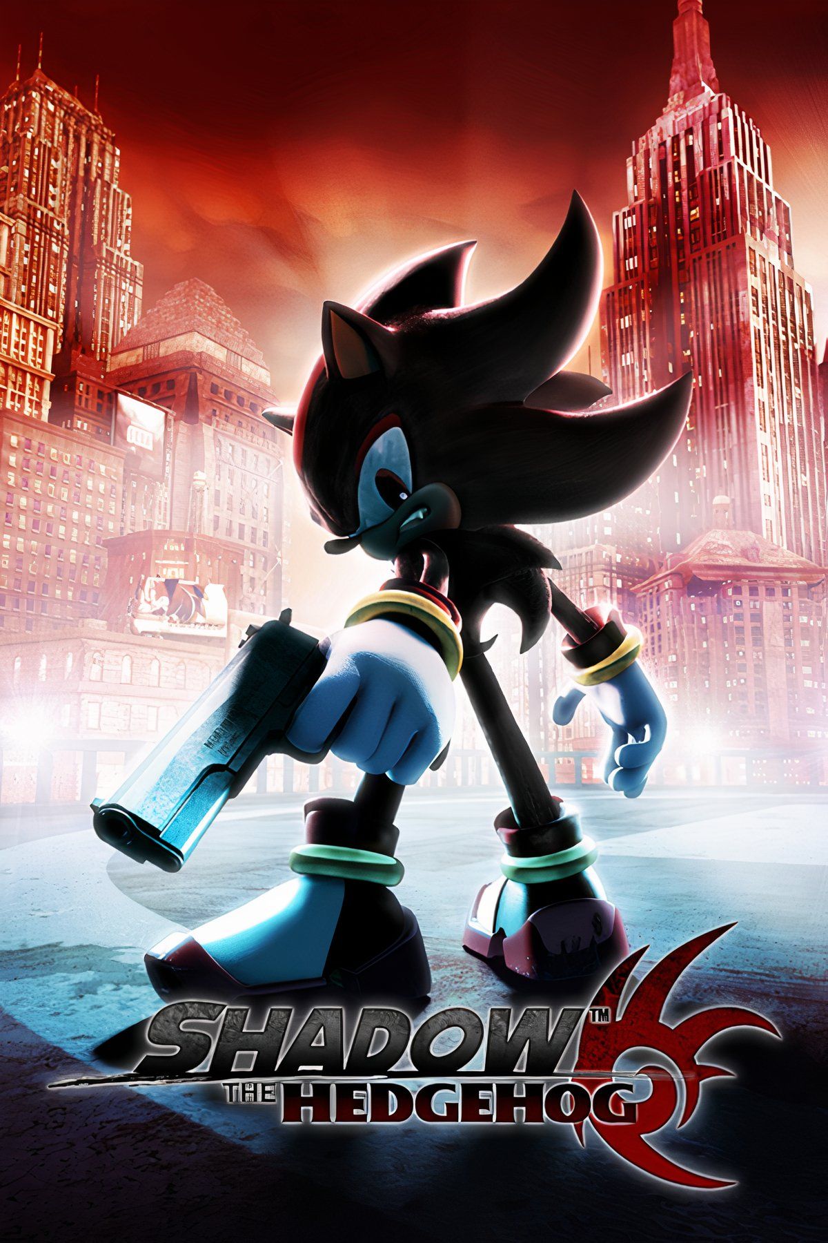 Shadow the Hedgehog com expressão séria e fundo escuro.