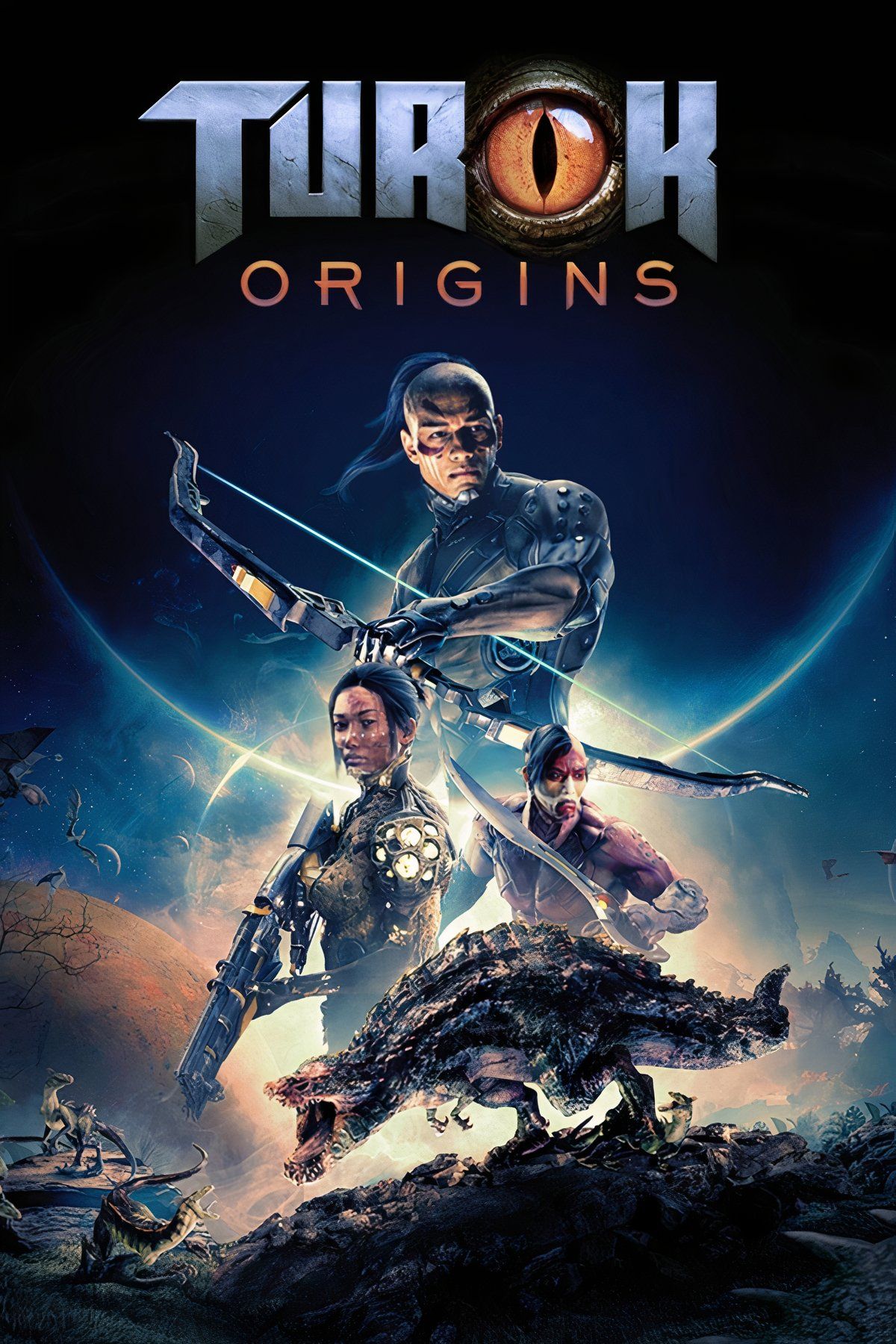 Arte conceitual de Turok Origins com dinossauros e paisagens pré-históricas.