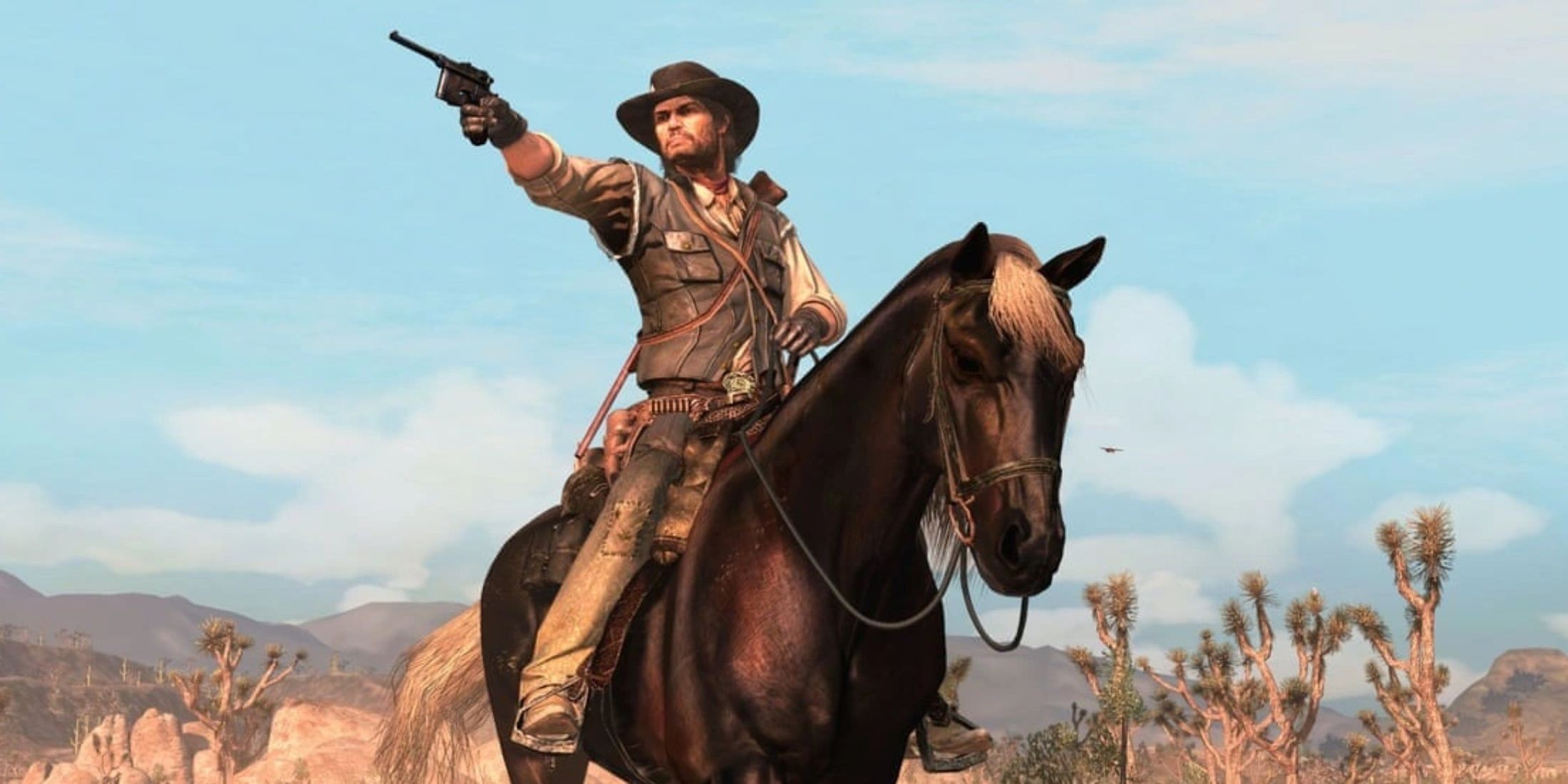 Personagem jogável em Red Dead Redemption em uma pose de ação.