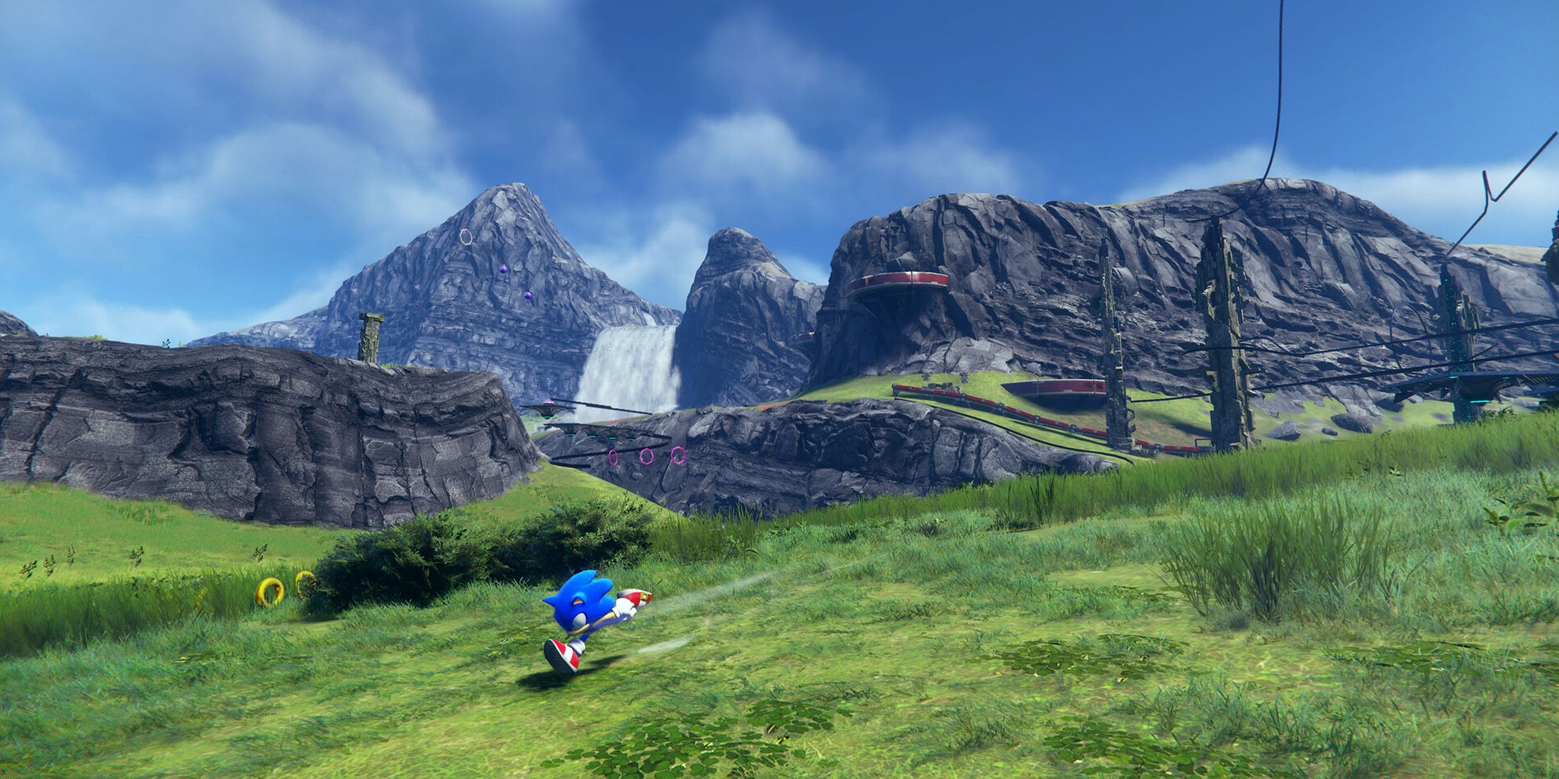 Sonic correndo por um campo em Sonic Frontiers