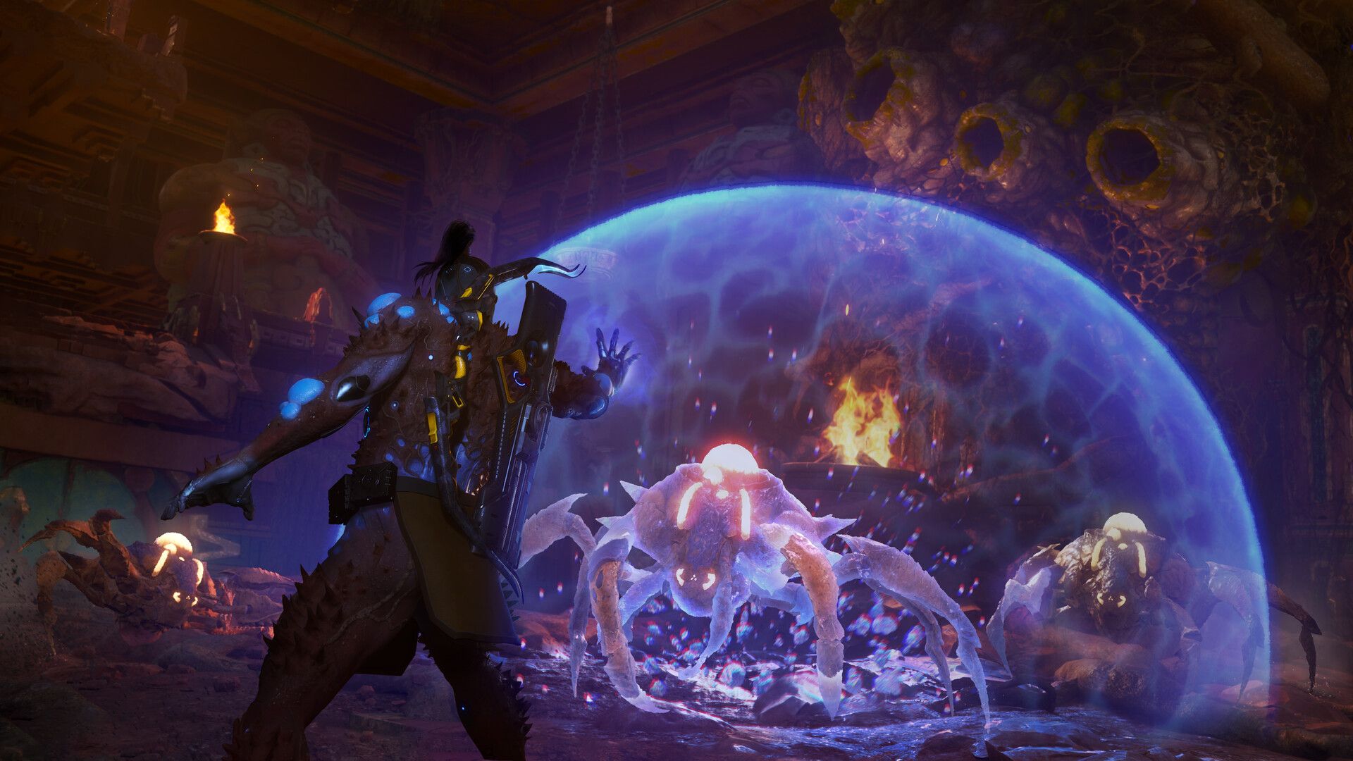 Detalhe do ambiente de Turok Origins, com vegetação densa e ruínas antigas.