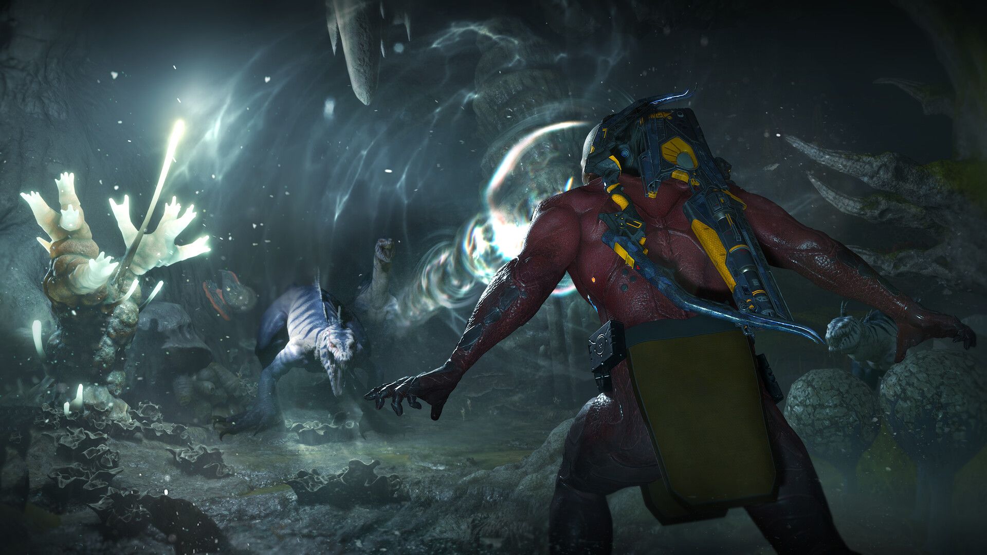 Close-up do personagem principal de Turok Origins, com armas em punho.