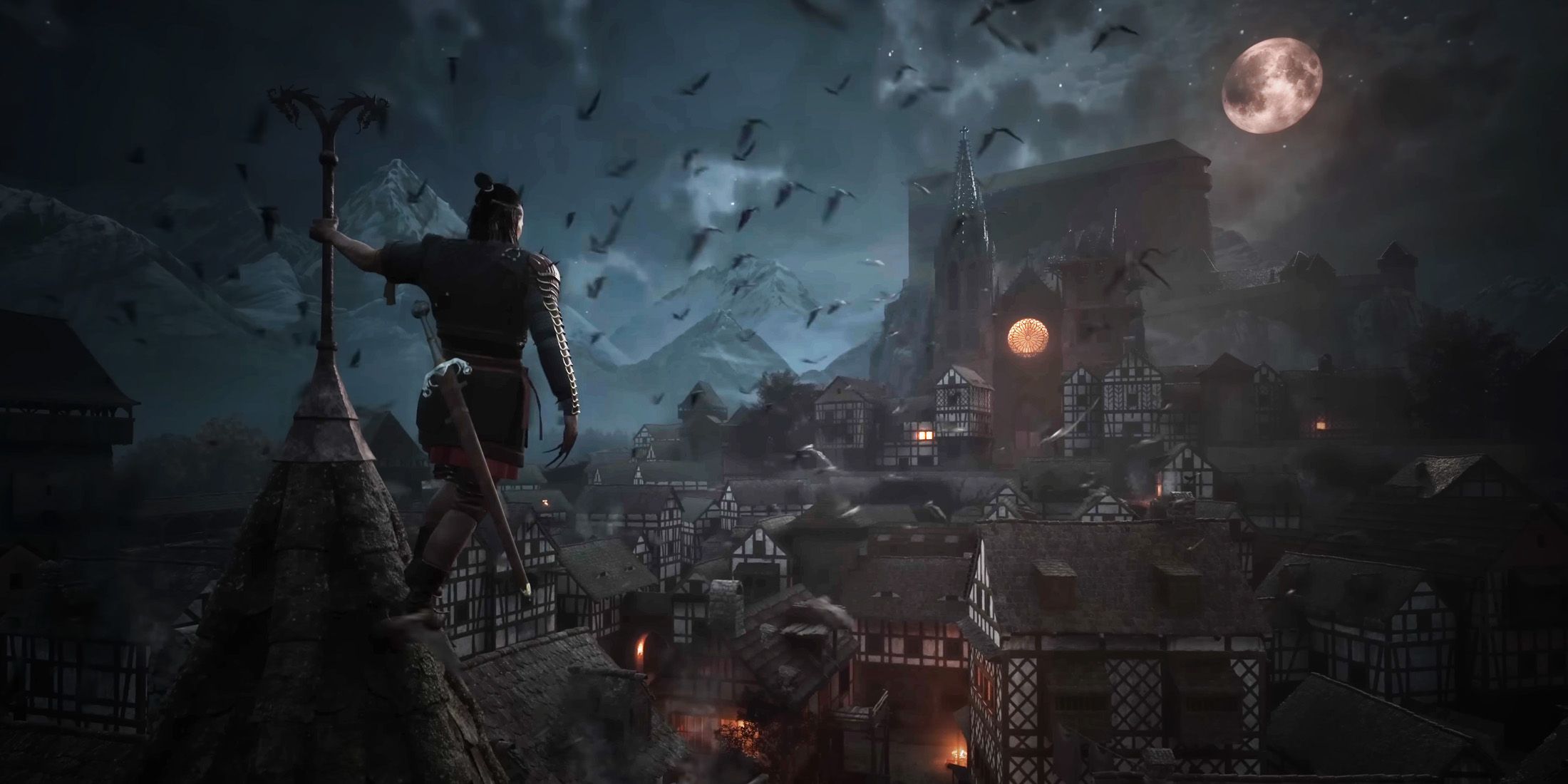 Cenário medieval noturno em The Blood of Dawnwalker