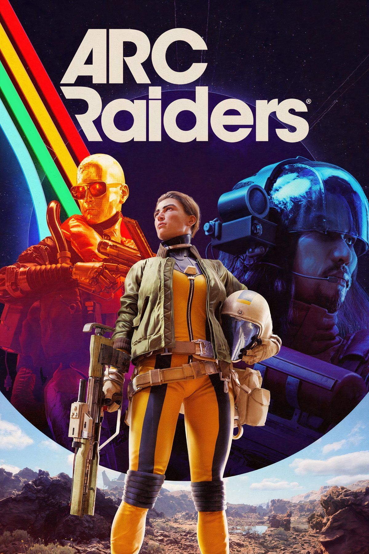 Cena de ação com robôs em Arc Raiders.