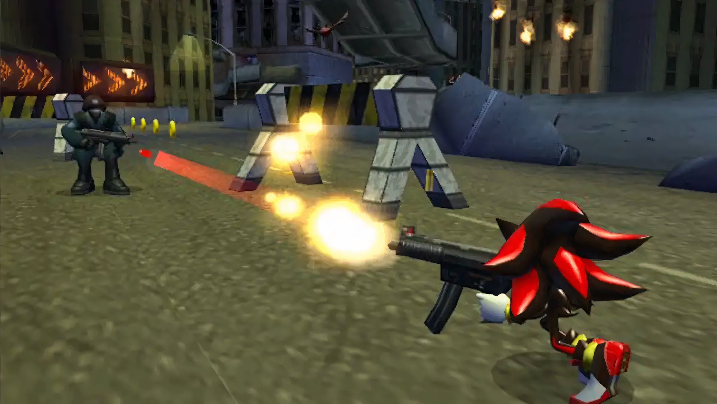 Shadow the Hedgehog mirando com uma arma.