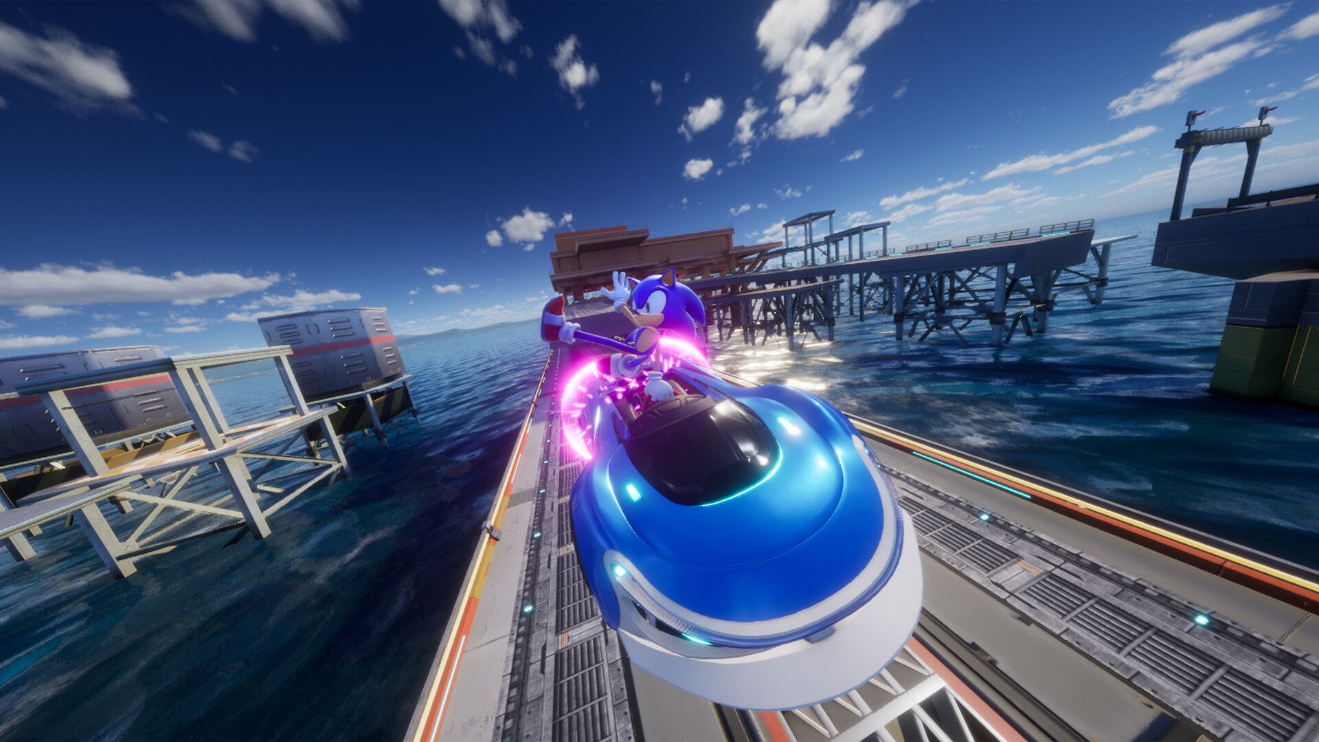 Sonic Racing: CrossWorlds - Cenário de corrida em alta velocidade.