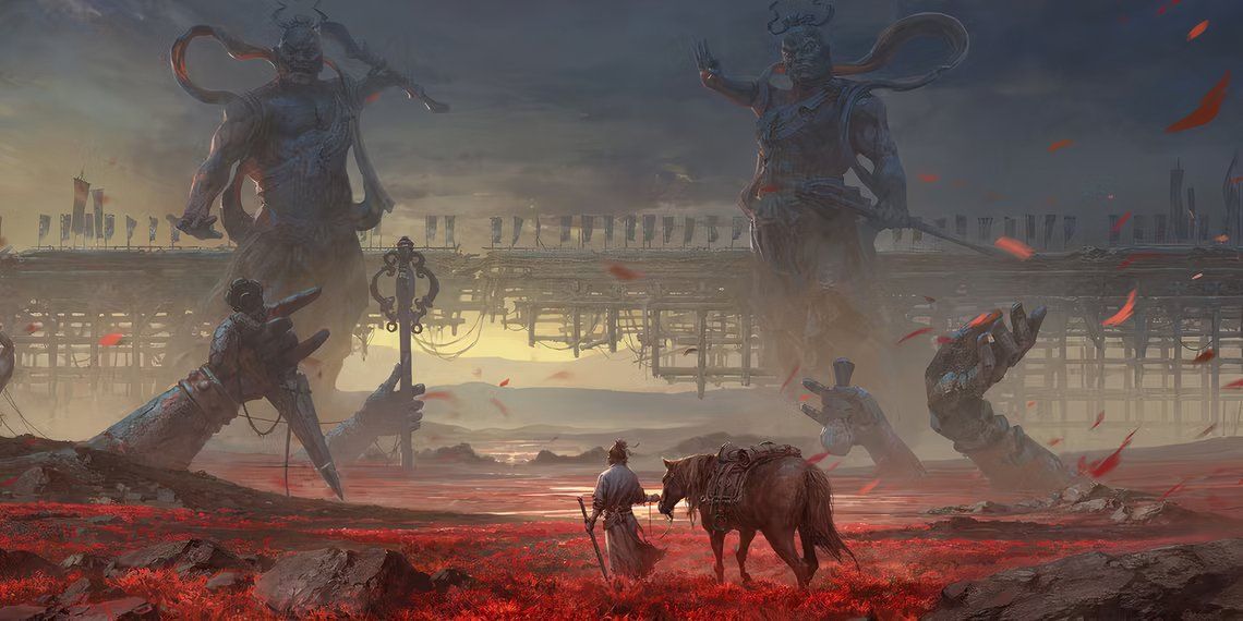 Cena de combate em Where Winds Meet com múltiplos personagens.