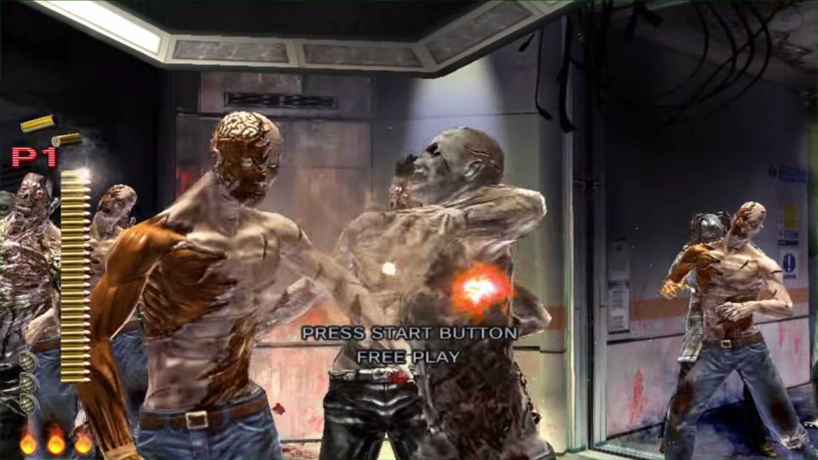 House of the Dead 4 is a zombie shooting game with a 'Press Start Button' sign in the center.