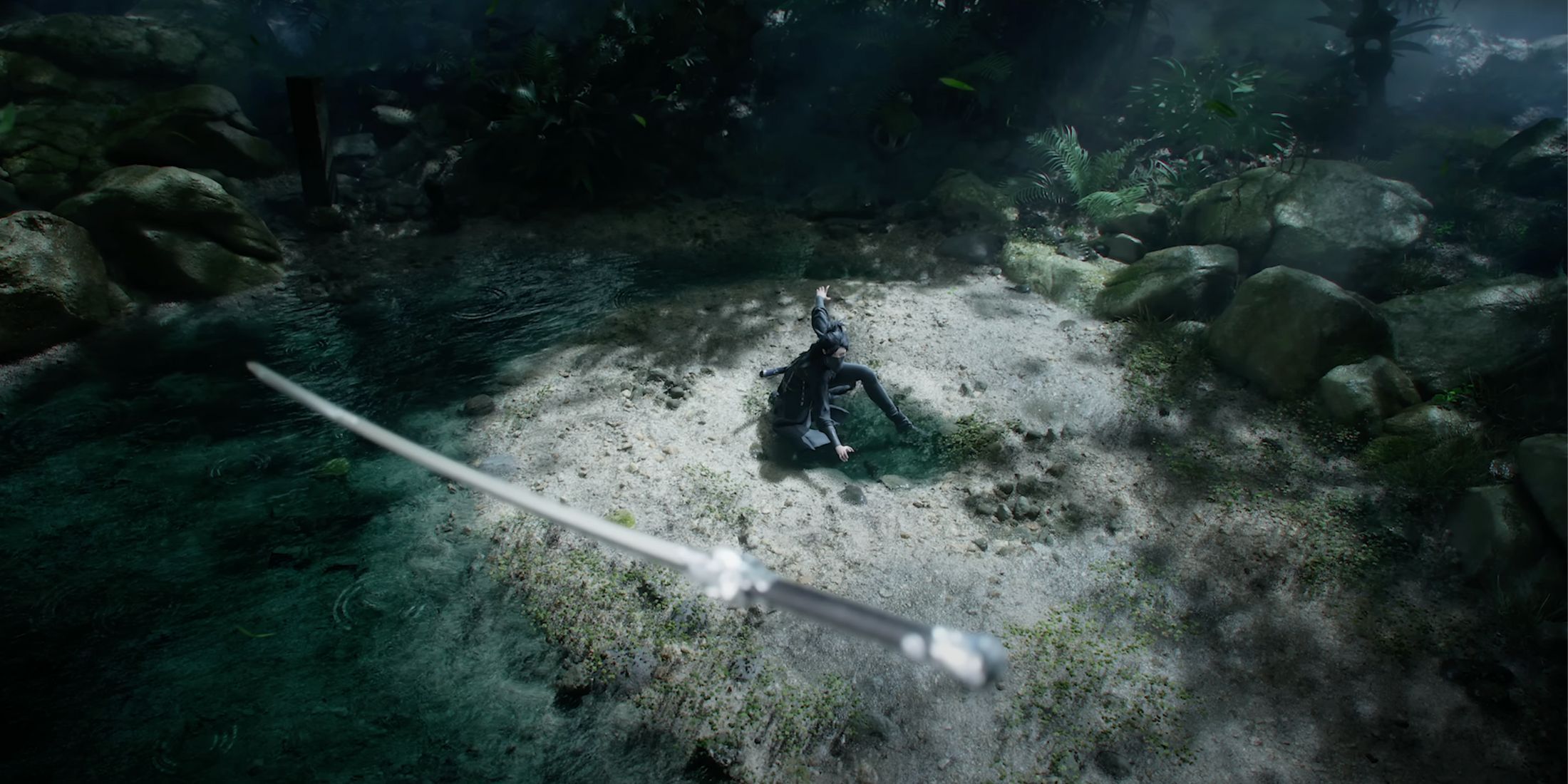 Personagem lutando contra inimigos em uma floresta de bambu em Where Winds Meet.