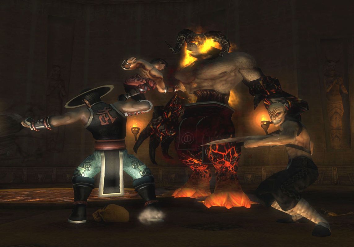 Kung Lao e Liu Kang em cenário de Mortal Kombat Shaolin Monks