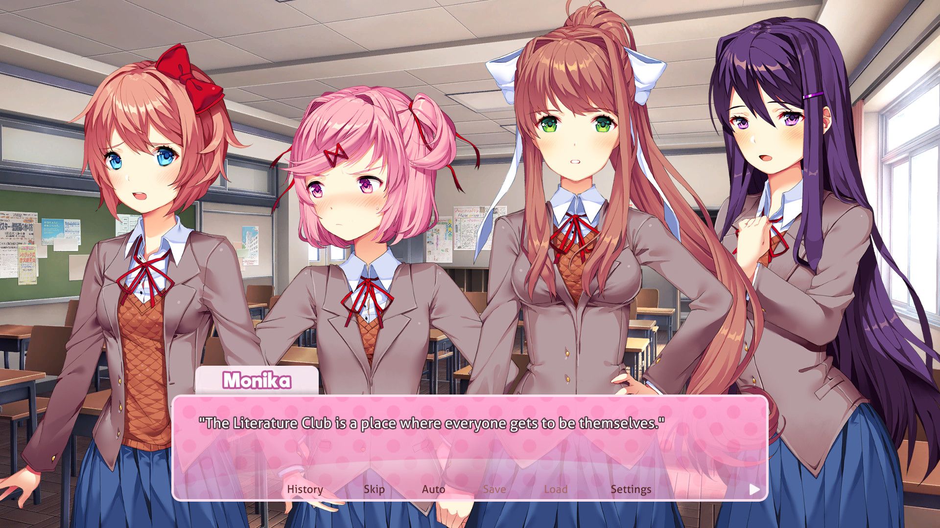 Personagens de Doki Doki Literature Club em uma pose dramática.