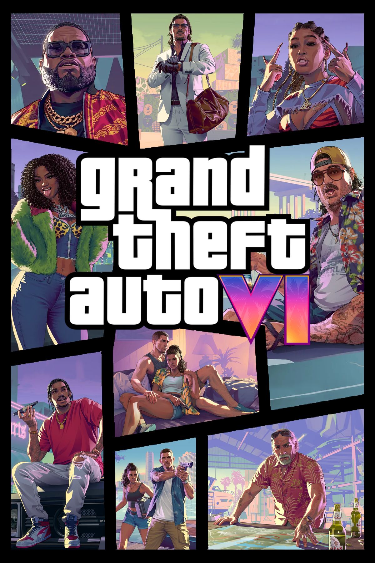 Arte conceitual de Grand Theft Auto 6 em estilo vibrante.