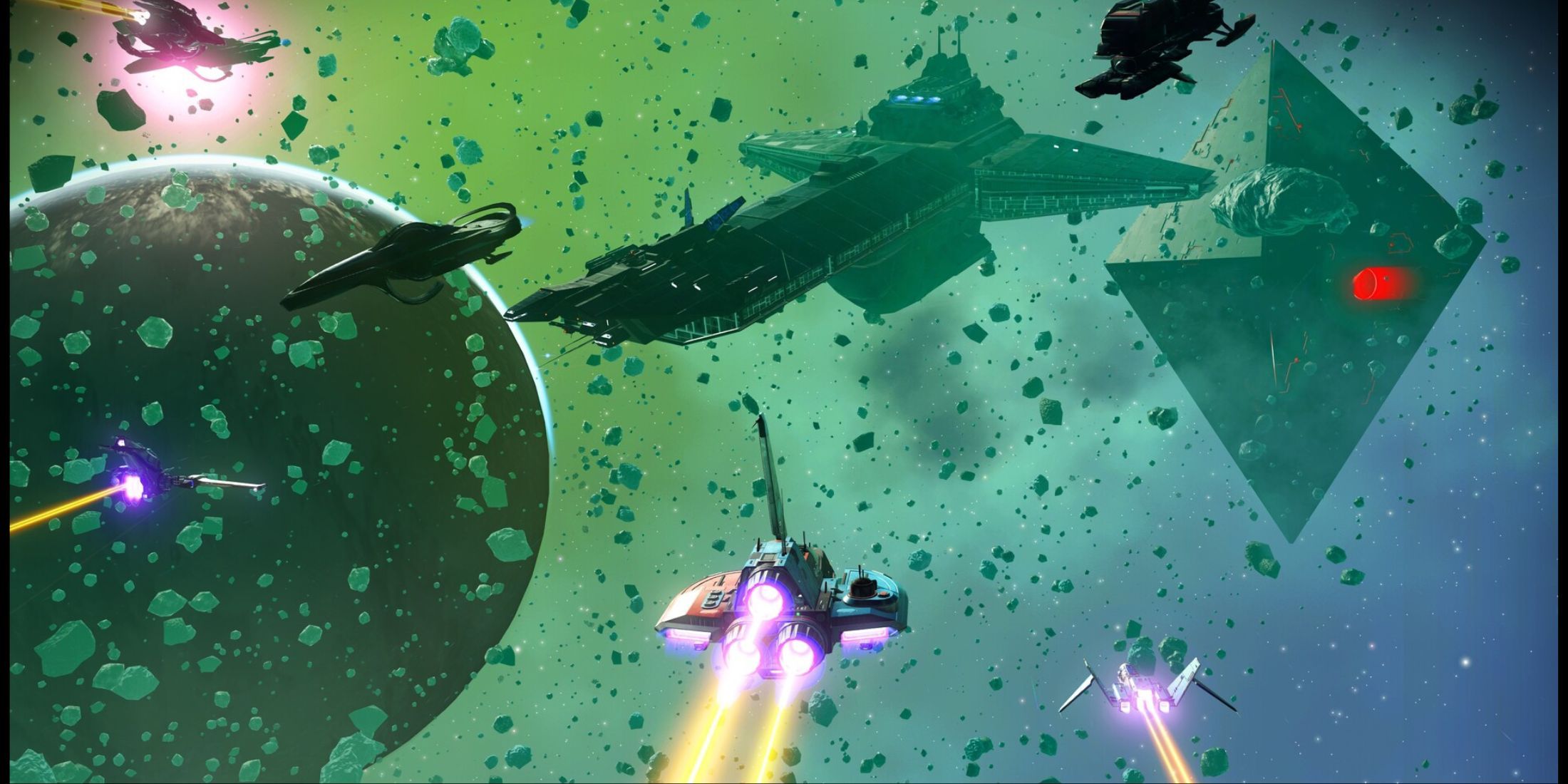 Nave espacial em órbita em No Man's Sky.