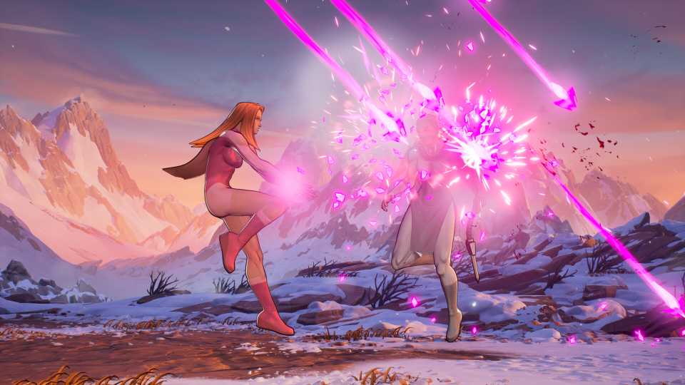 Eve shooting pink arrows to her enemy in Invincible VS.