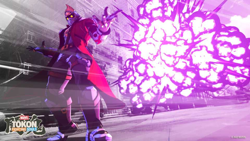 Star Lord posing with a explosion in the background in Marvel Tokon: Fighting Souls.