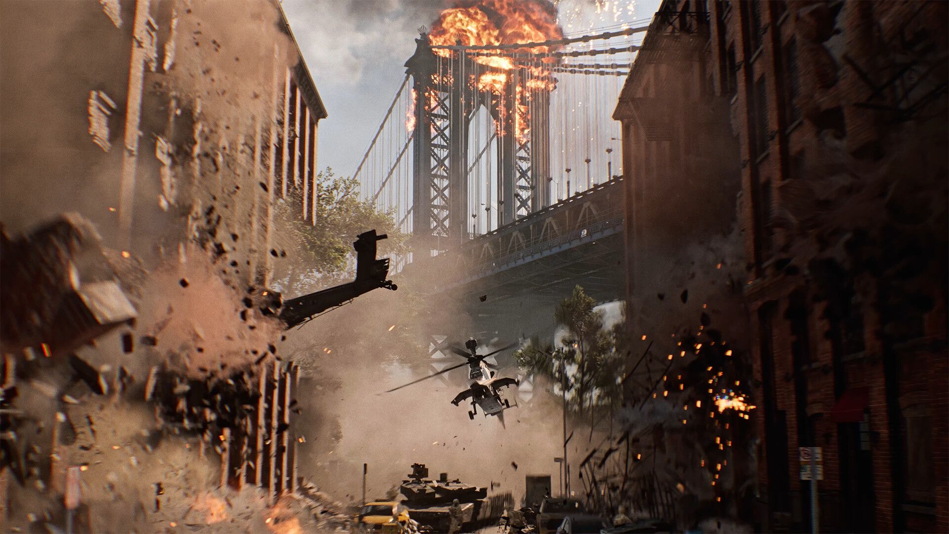 Cenário urbano em Battlefield 6 com veículos blindados.