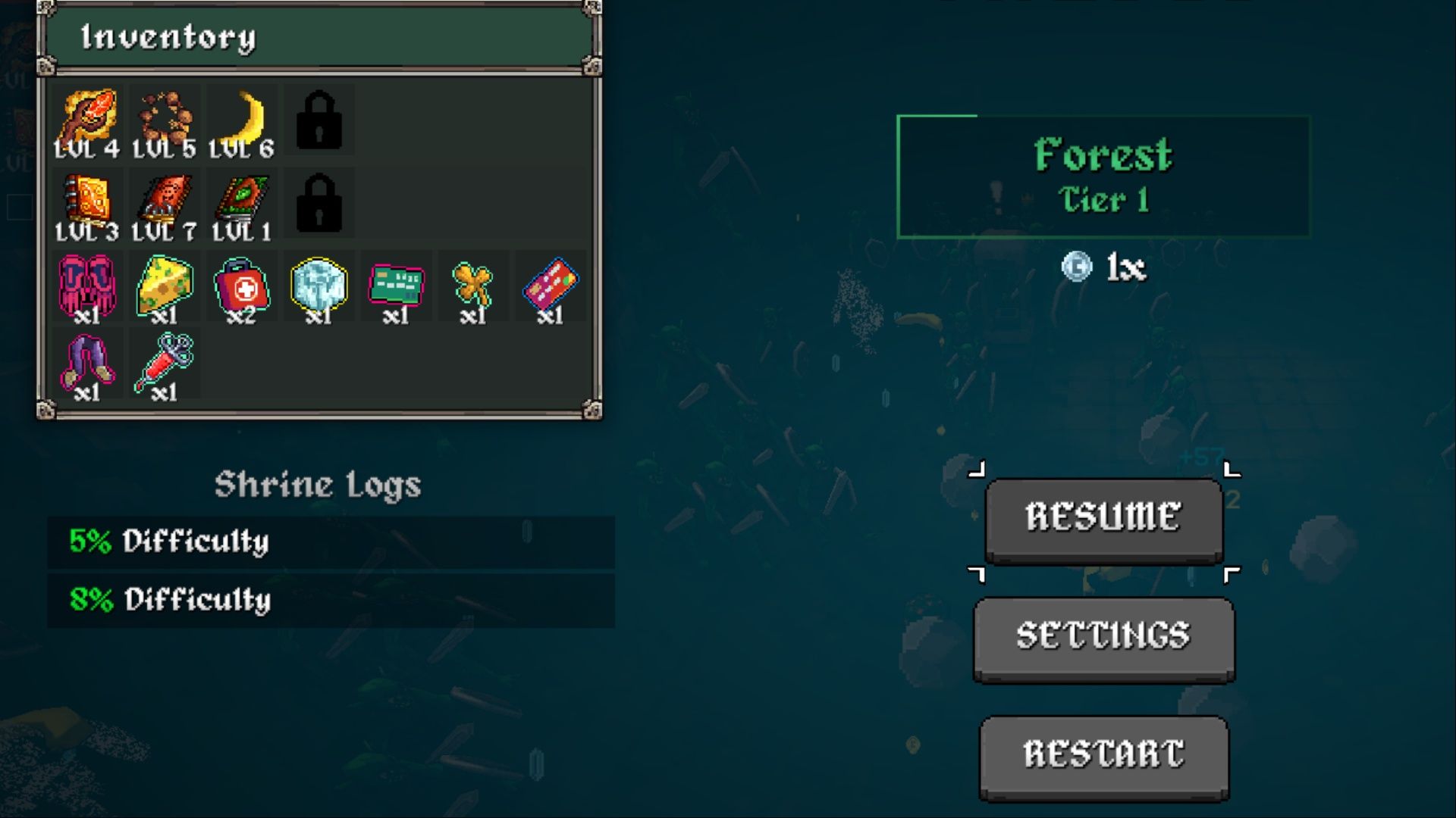 Tela de jogo de Megabonk com modificadores de dificuldade.