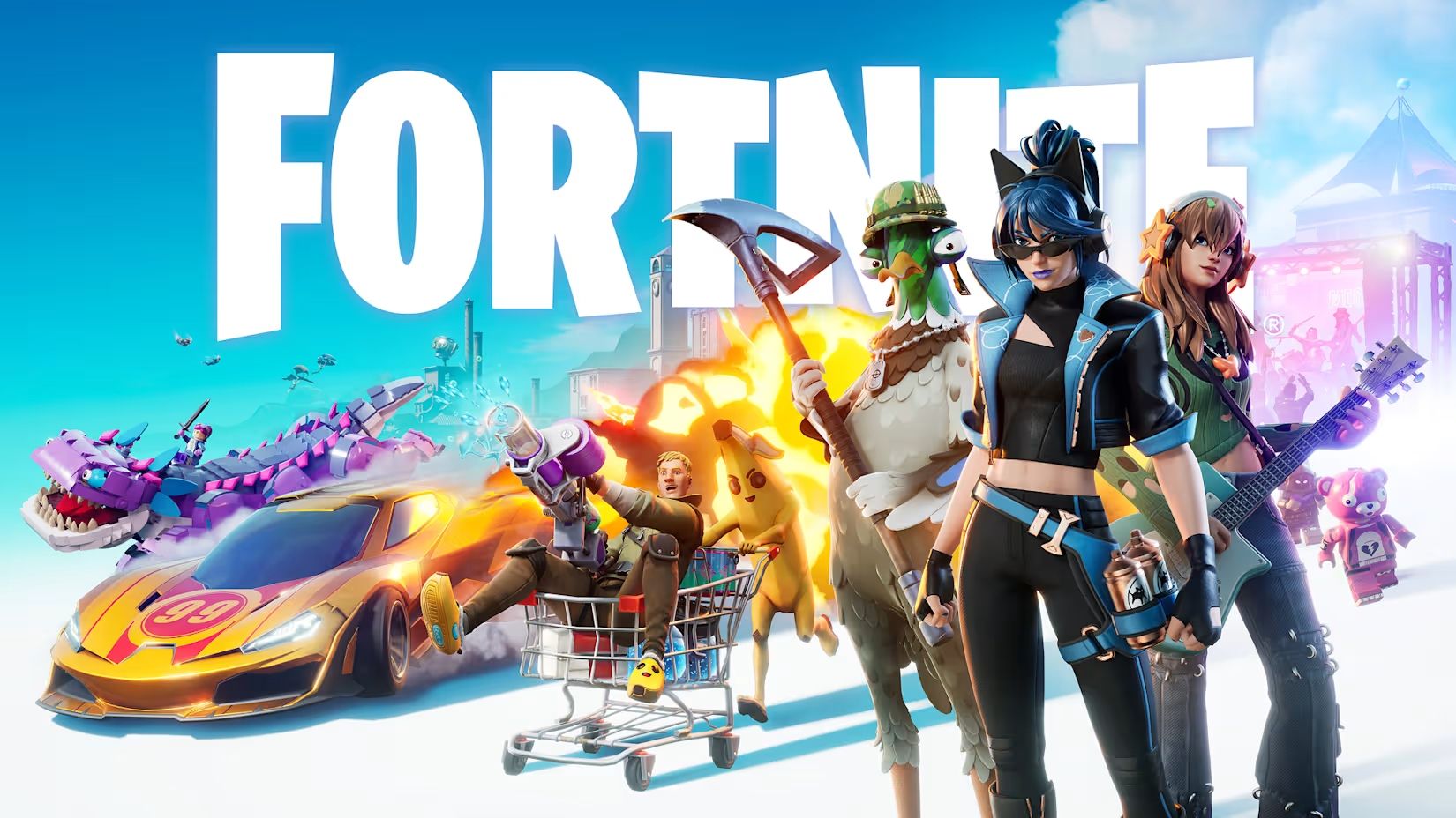 Personagens de Fortnite em um ambiente futurista.