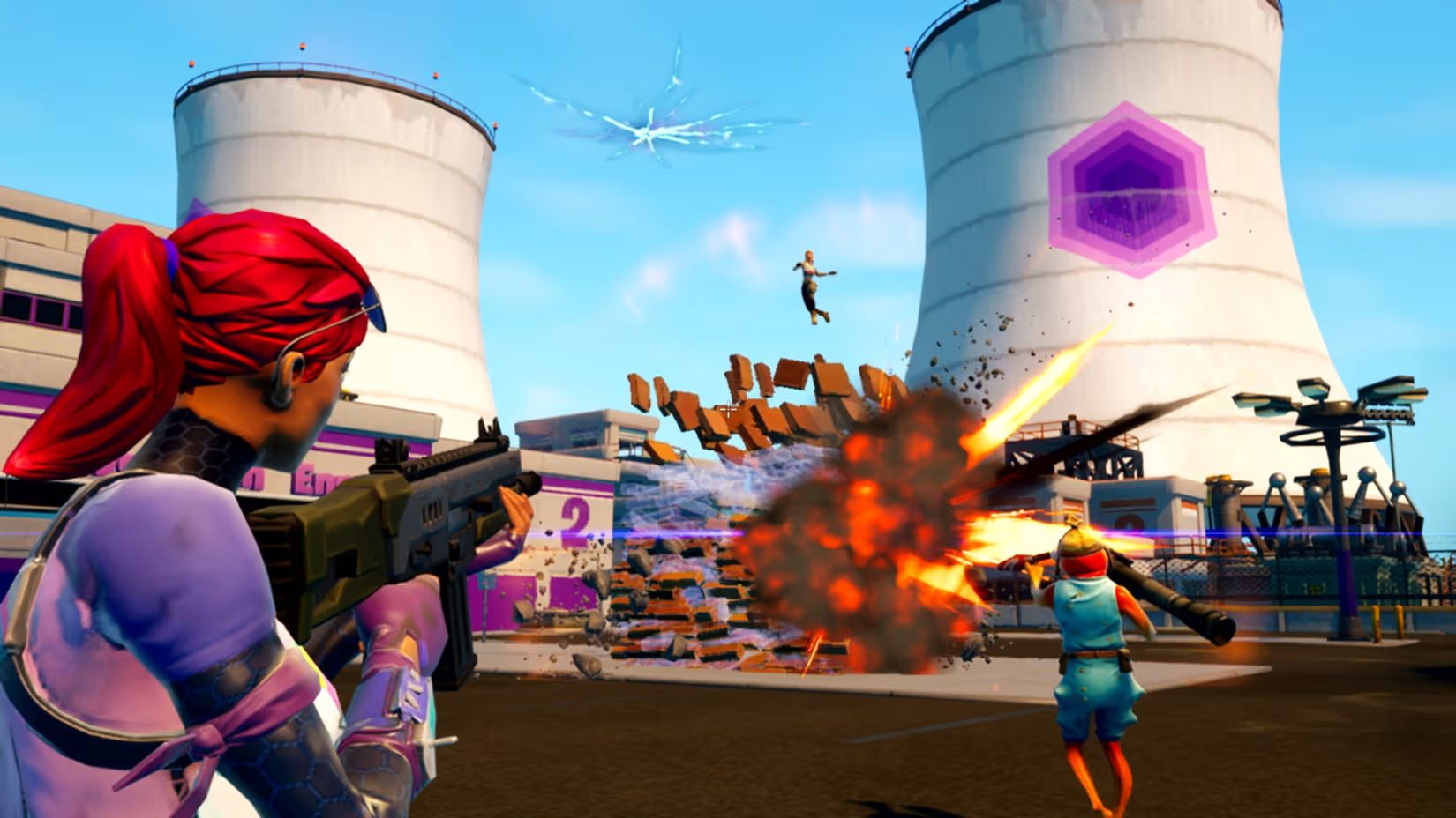 Cena de ação em Fortnite com diversos personagens.