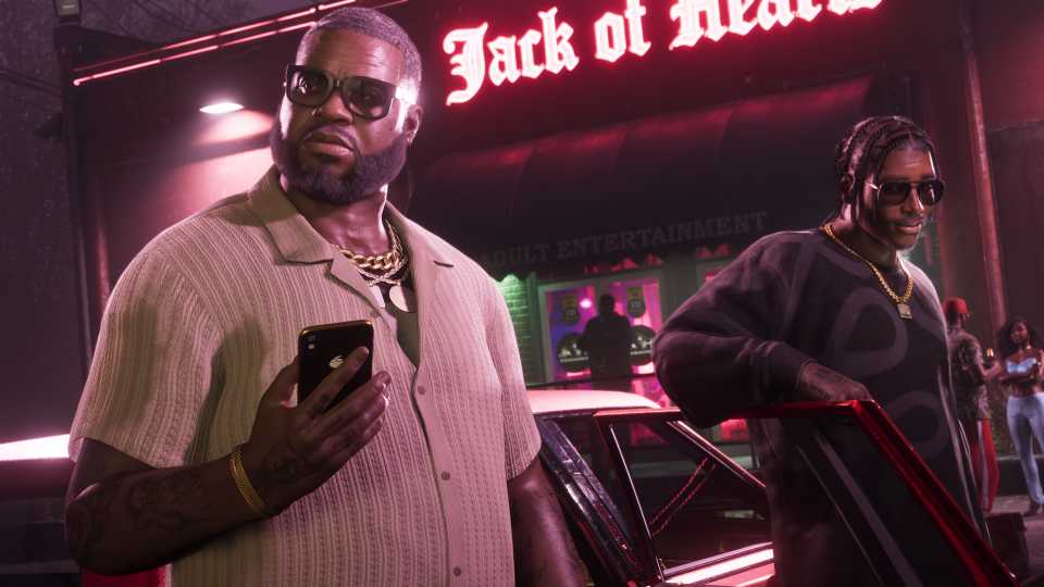 Grand Theft Auto 6 shot of two people outside the Jack of Hearts stood by a car.