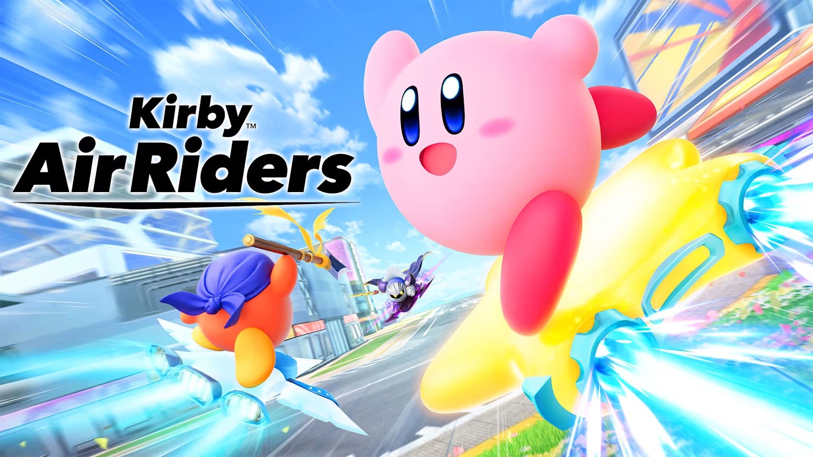 Imagem promocional de Kirby Air Riders com personagens.