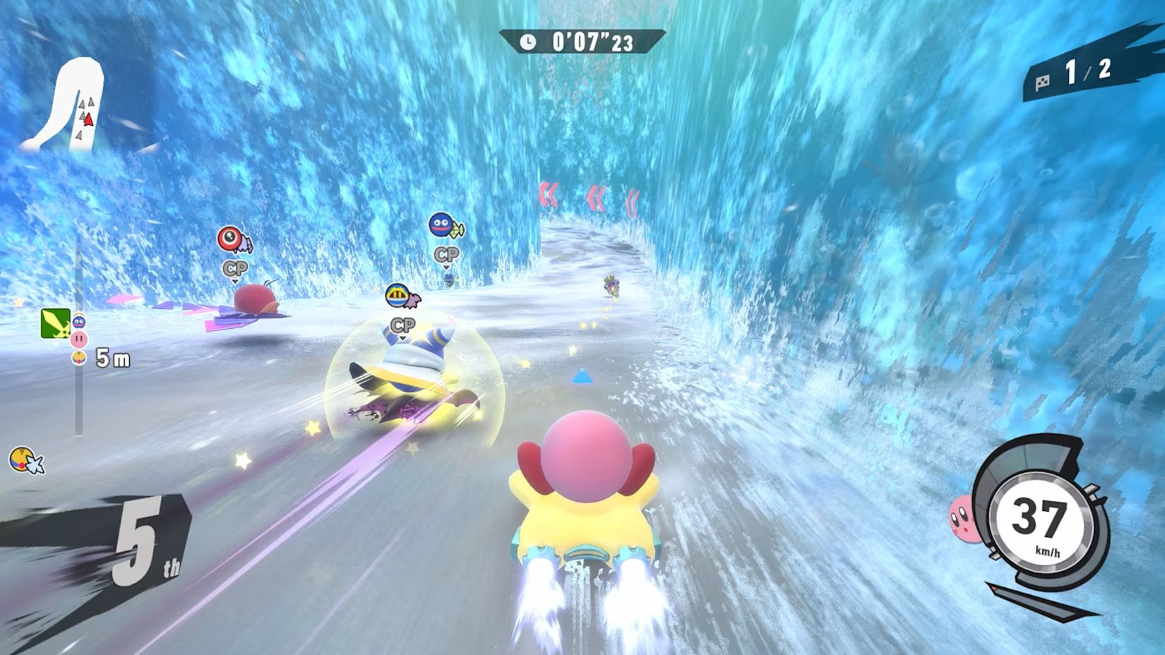 Personagens de Kirby Air Riders em ação.