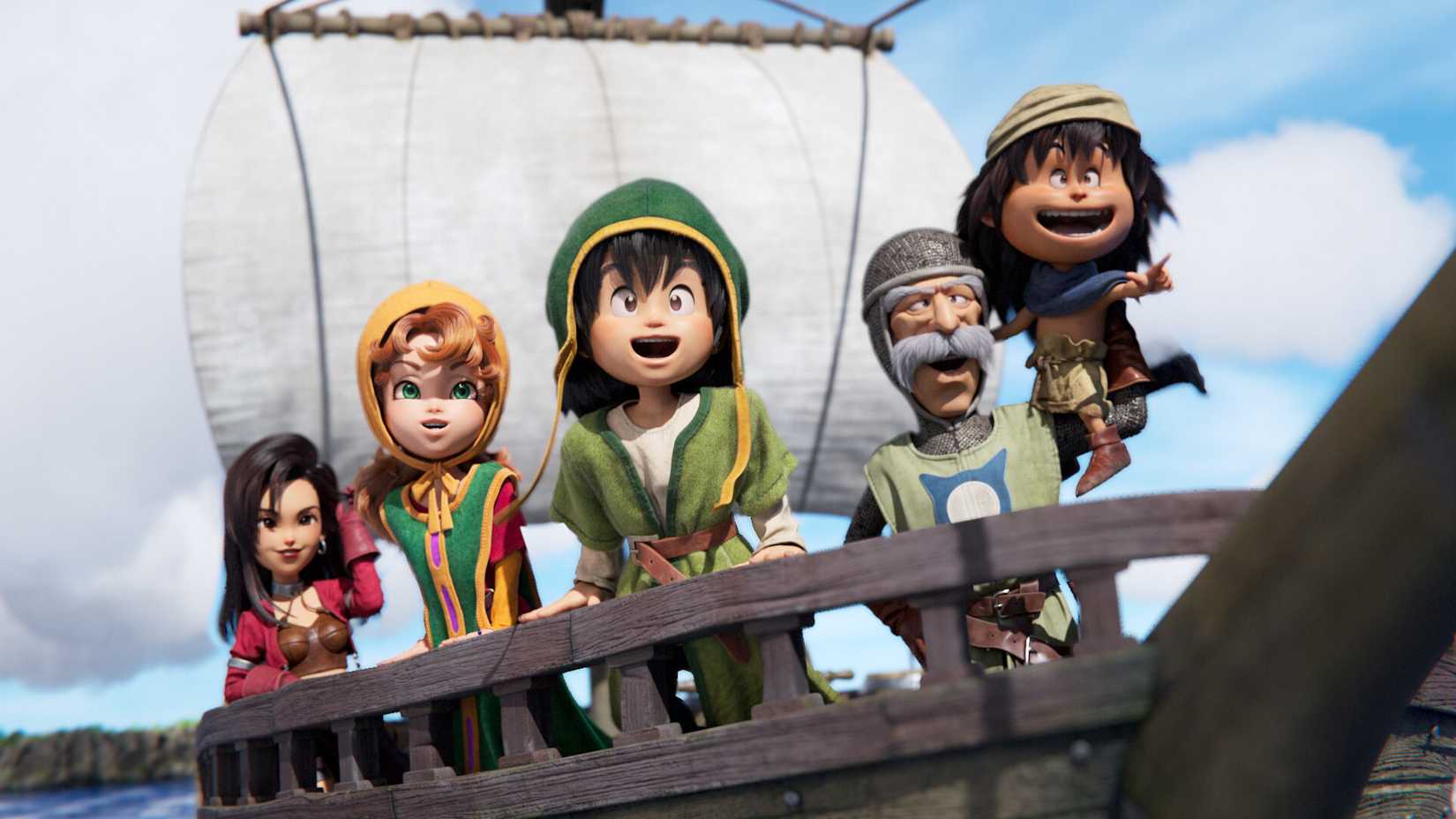 Dragon Quest 7 reimagined characters on a ship deck.